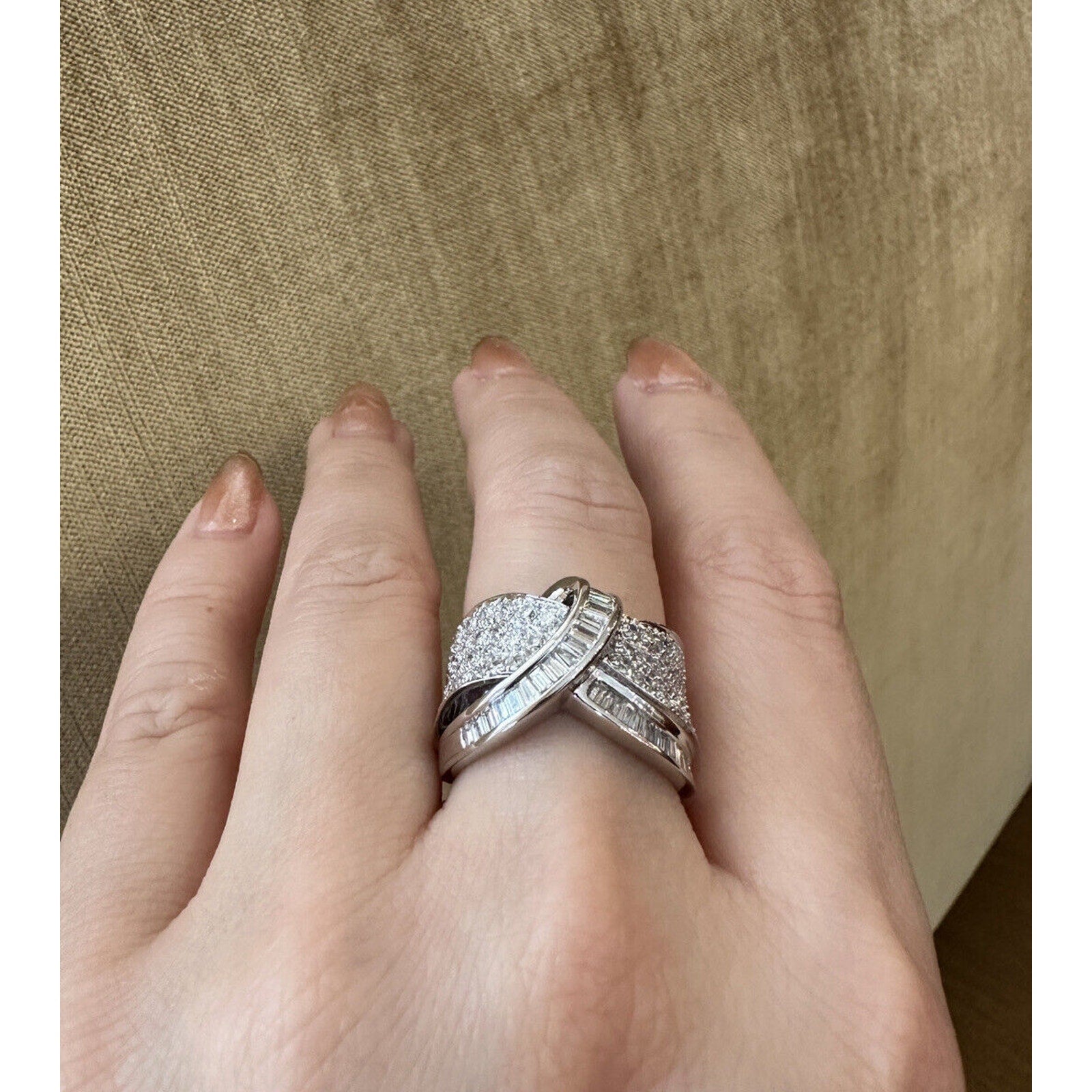 Wide Baguette and Round Diamond Twist Ring 1.75 cttw in 18k White Gold