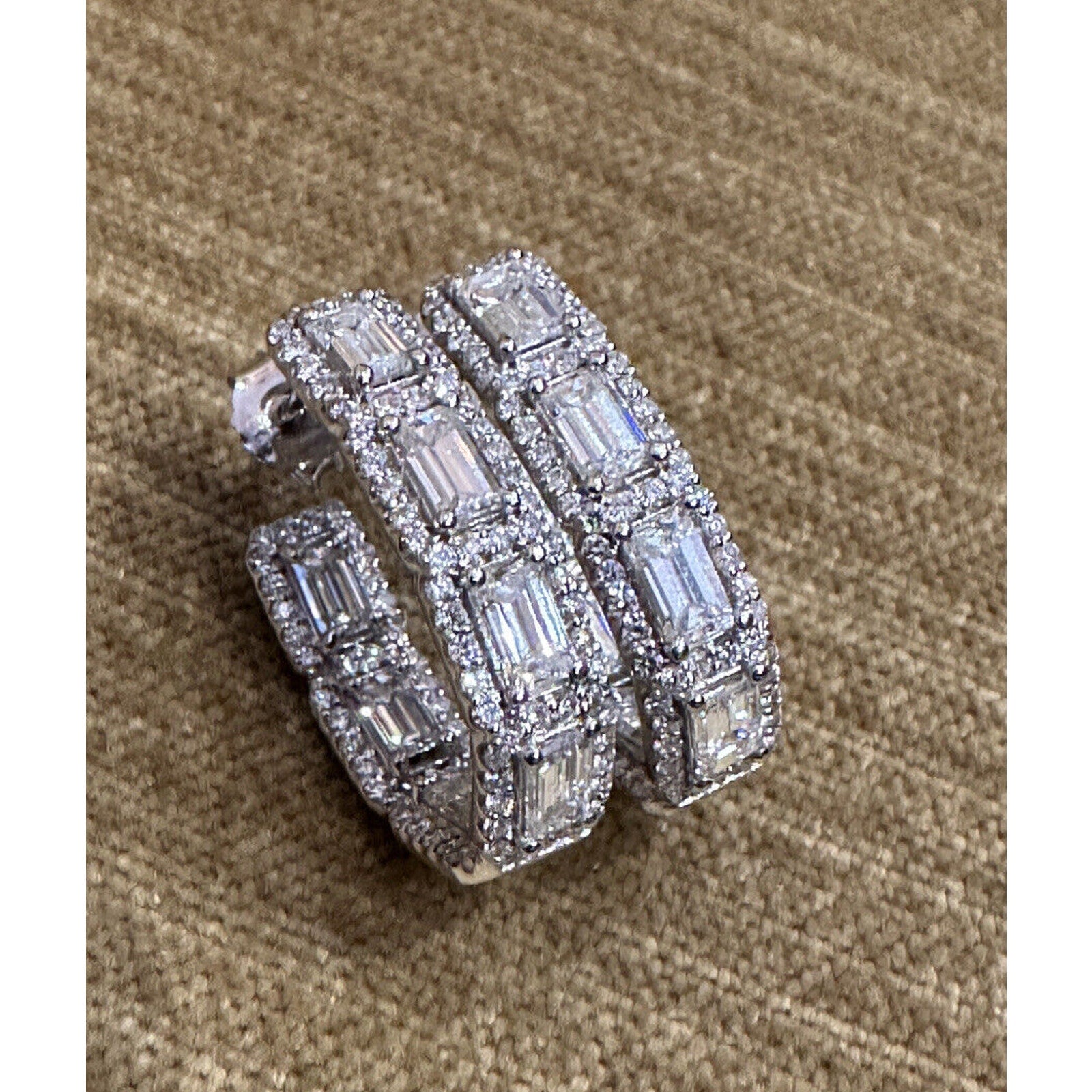Emerald Cut & Round Diamond Hoop Earrings in 18k White Gold - HM2527BA