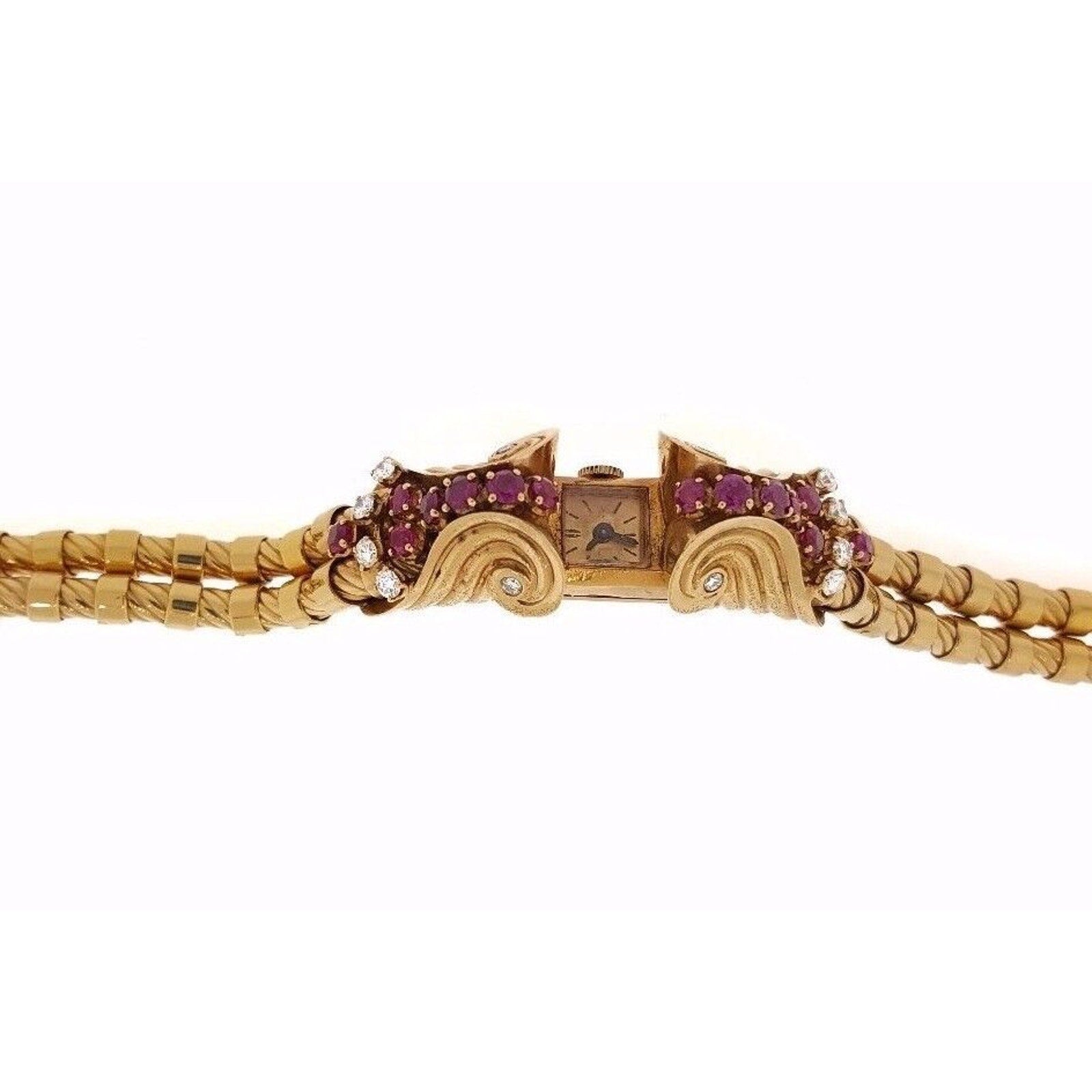 French Retro Ruby and Diamond Bracelet Watch in 18k Rose Gold