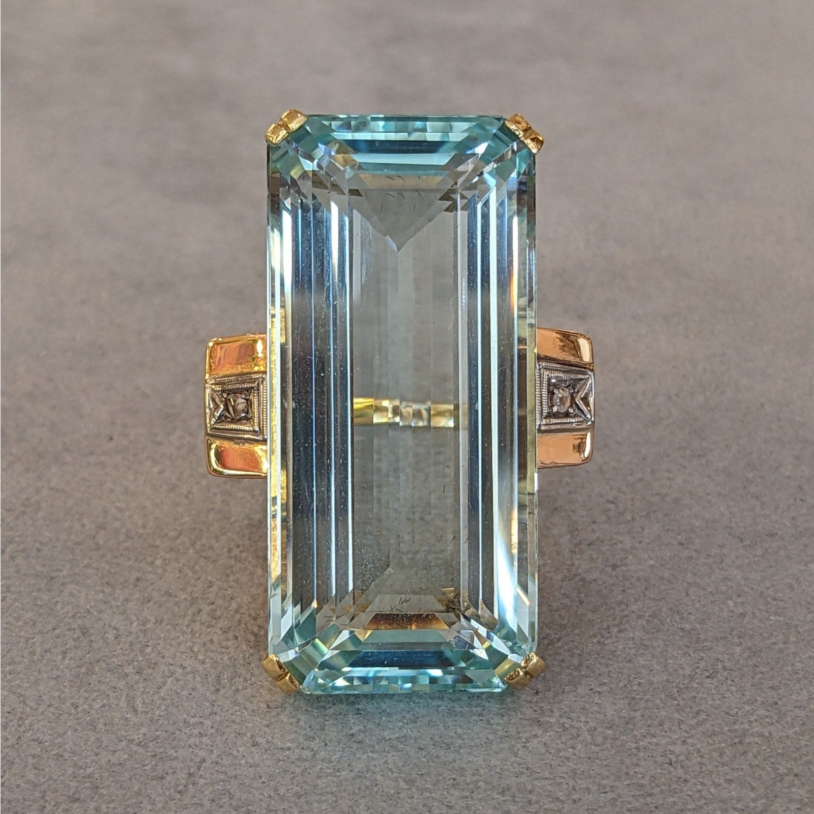 66.92 ct Elongated Aquamarine in Retro ring setting 18k and 14k Gold