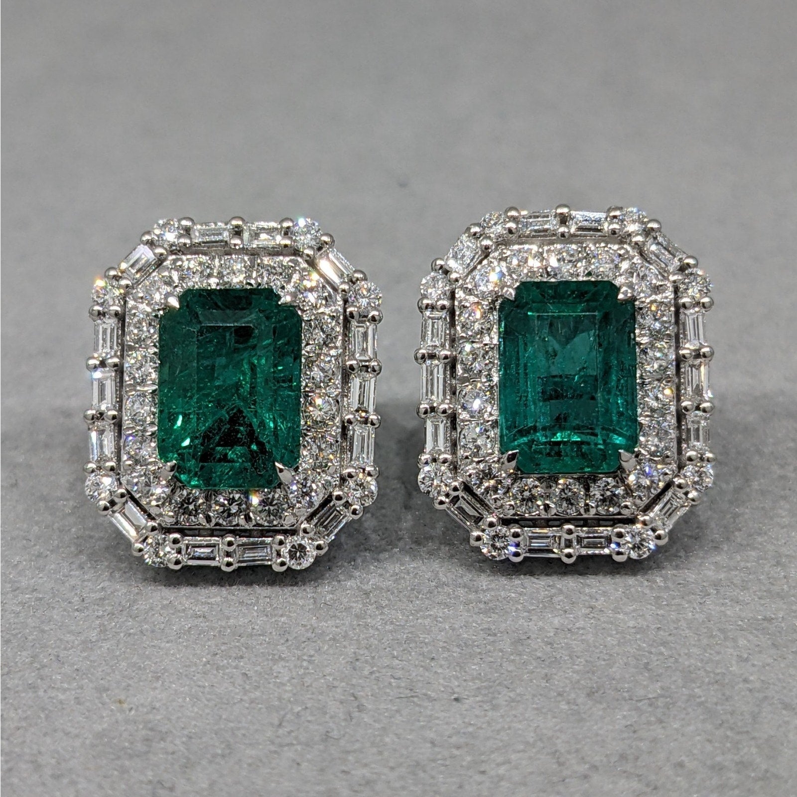 GIA 4.42 ct Emerald Double Halo Diamond Earrings in 18k White Gold
