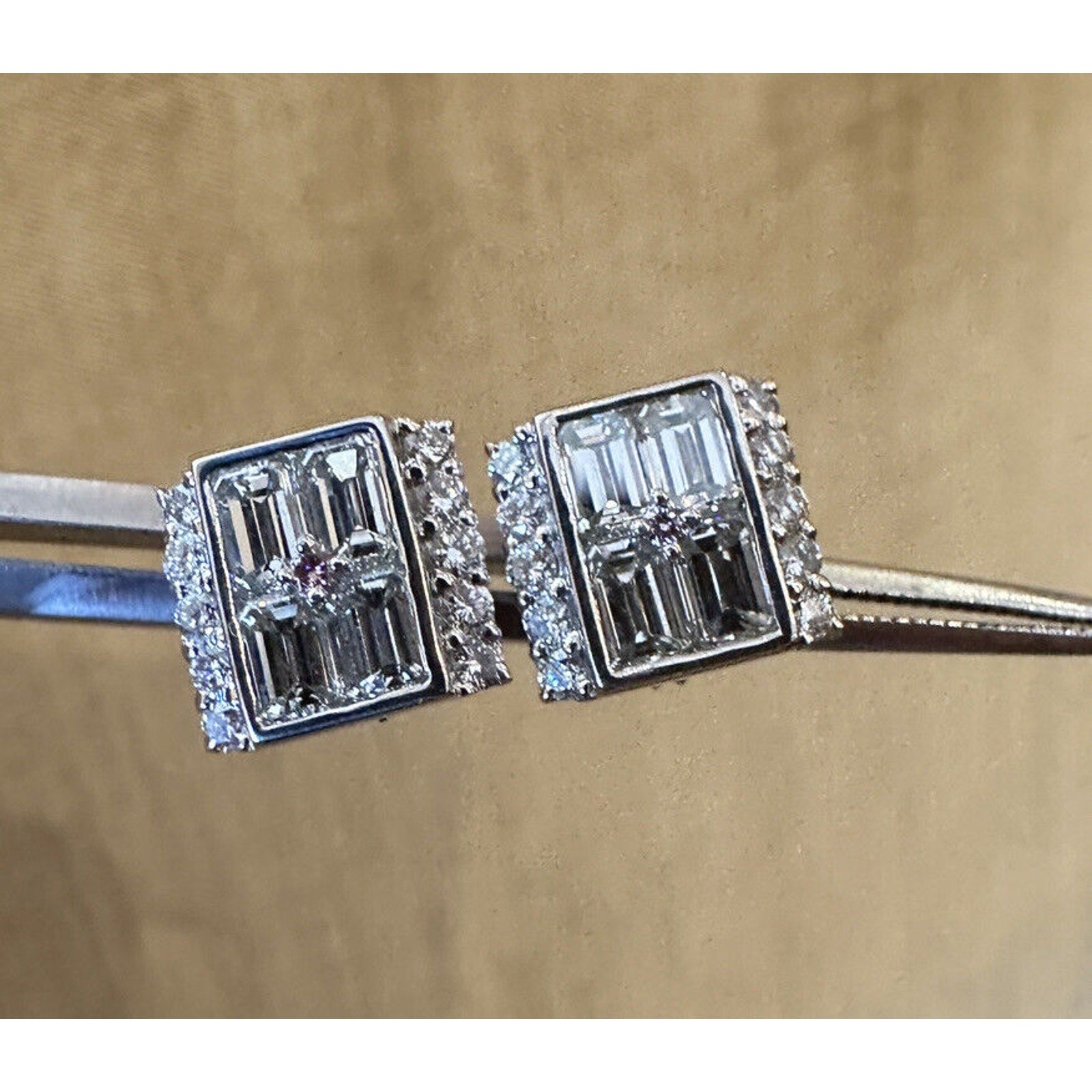 Square Diamond Illusion Earrings with Center Pink Diamond in Platinum- HM2498SI