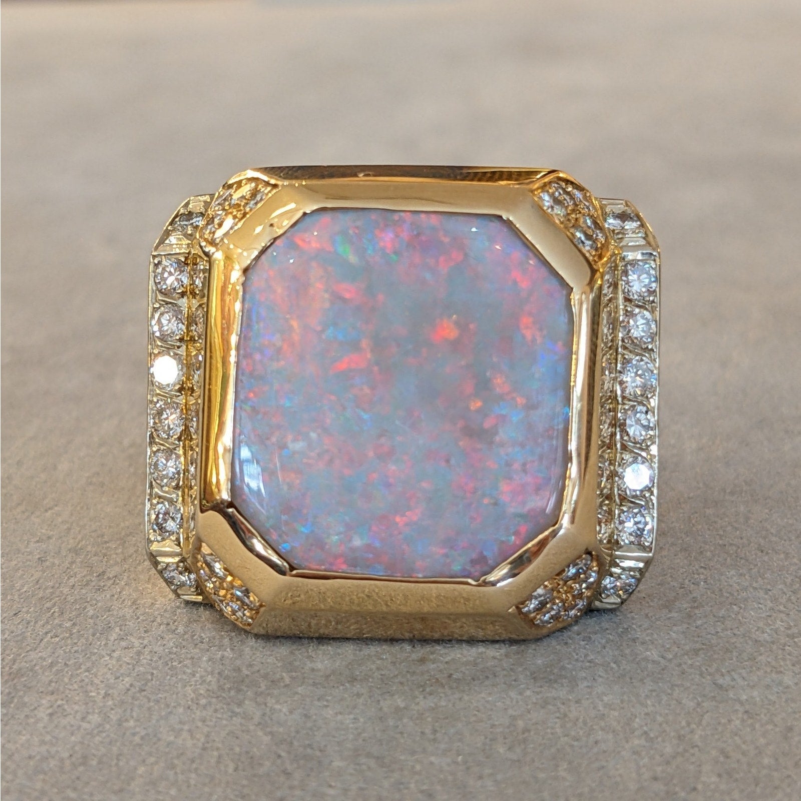 Large Natural Opal Ring with Diamonds in 14k Yellow Gold
