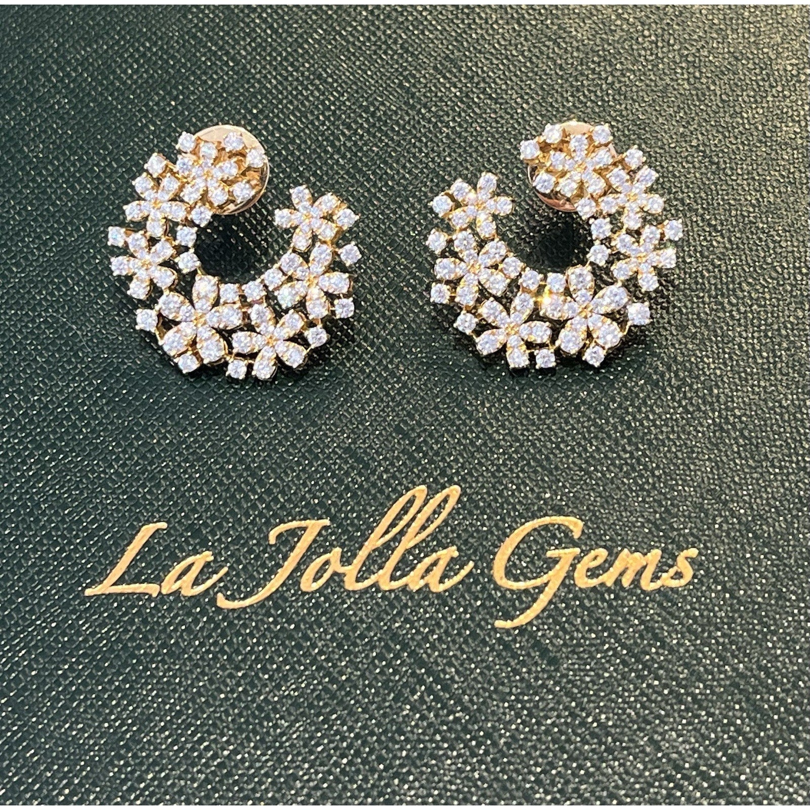 Diamond Crescent Earrings with Floret Motif in 18k Yellow Gold