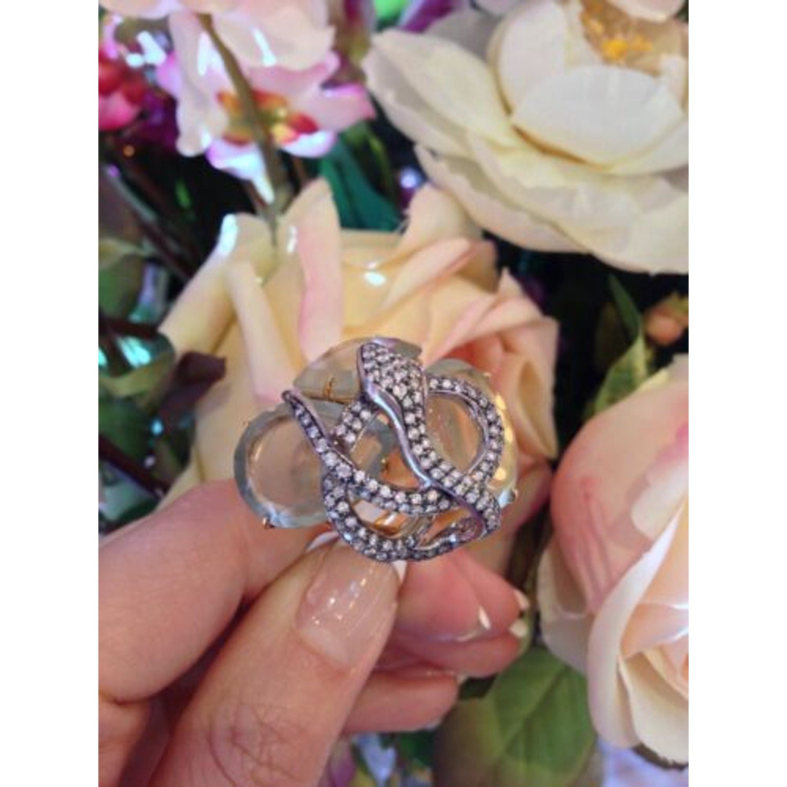 Leaderline Snake Ring with Diamonds and Green Quartz in 18k Gold