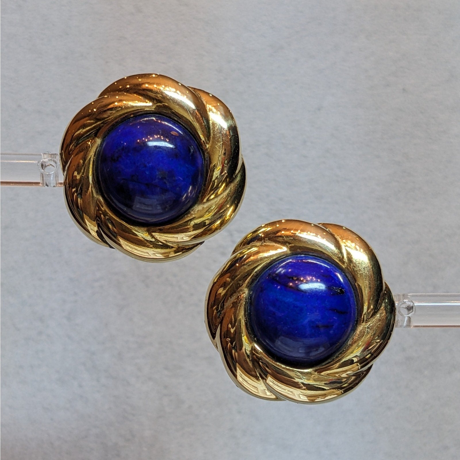 Vintage Lapis Large Button Earrings in 18k Yellow Gold