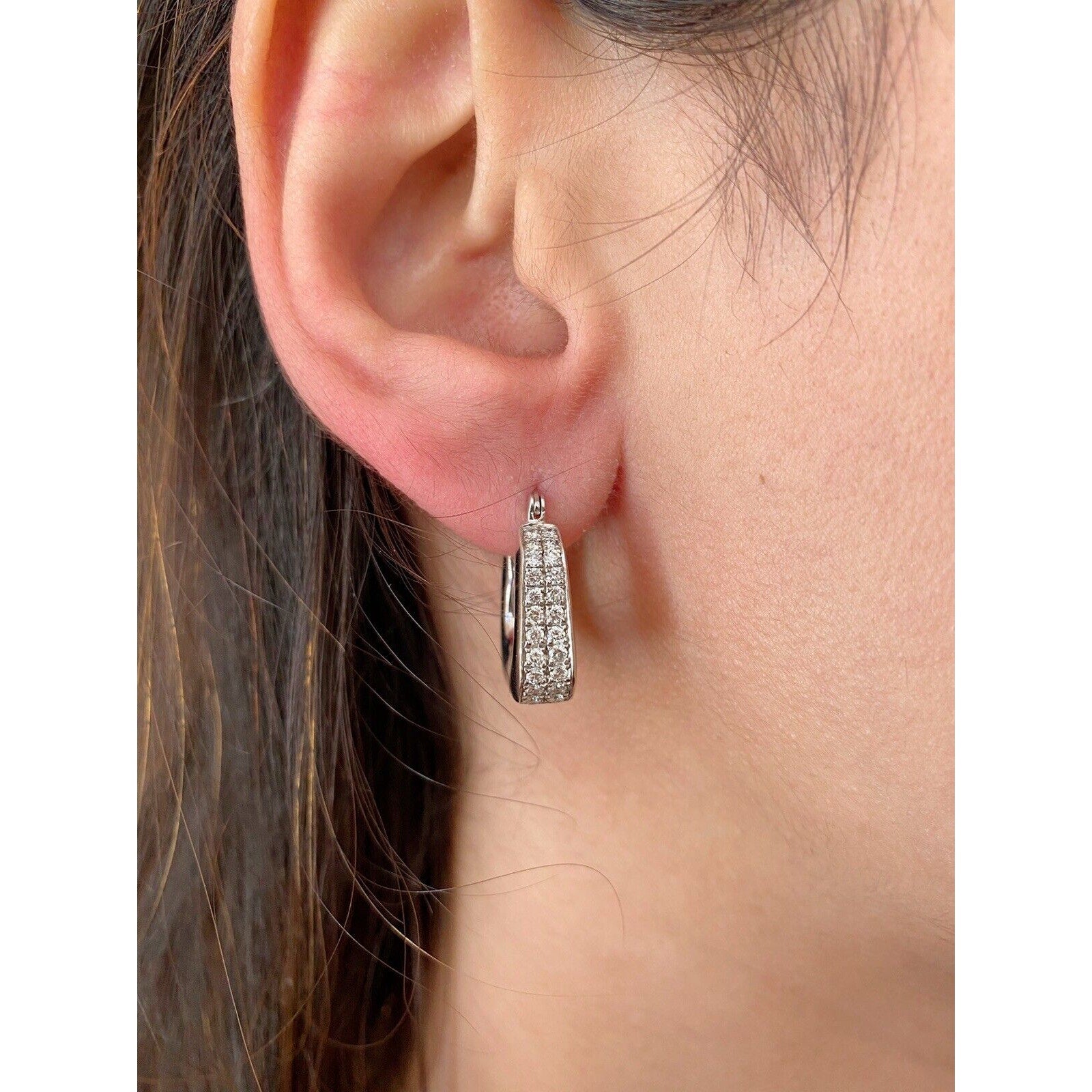 Two Row Diamond Short Hoop Earrings in 18k White Gold