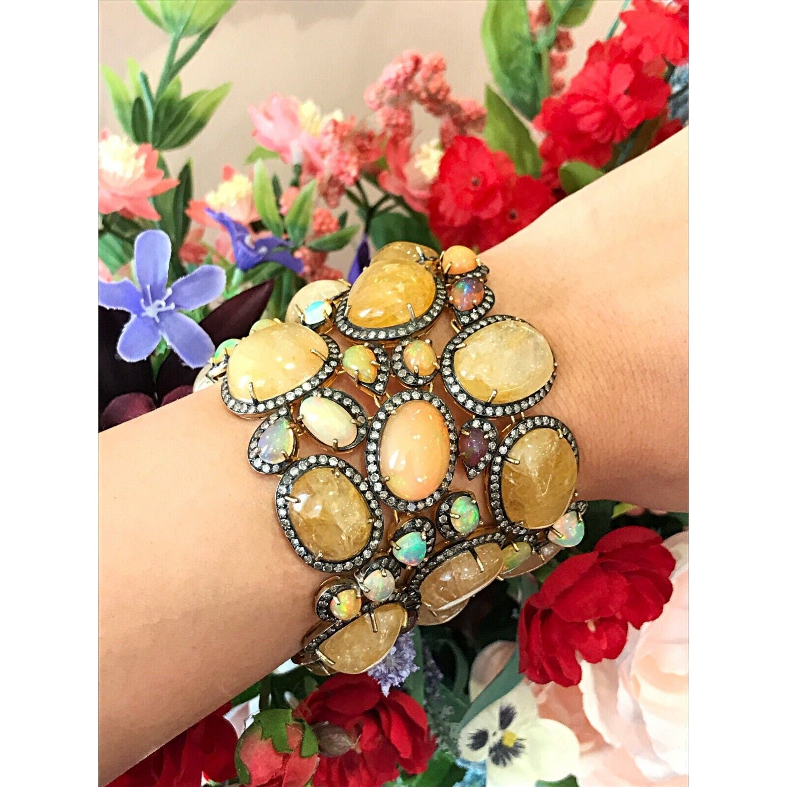Sapphire, Opal & Diamond Wide Bracelet in 18K Gold with Black Rhodium