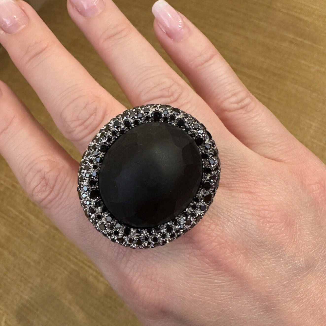 Pave Black Diamond and Obsidian Statement Ring in 18k White Gold-HM1799EE