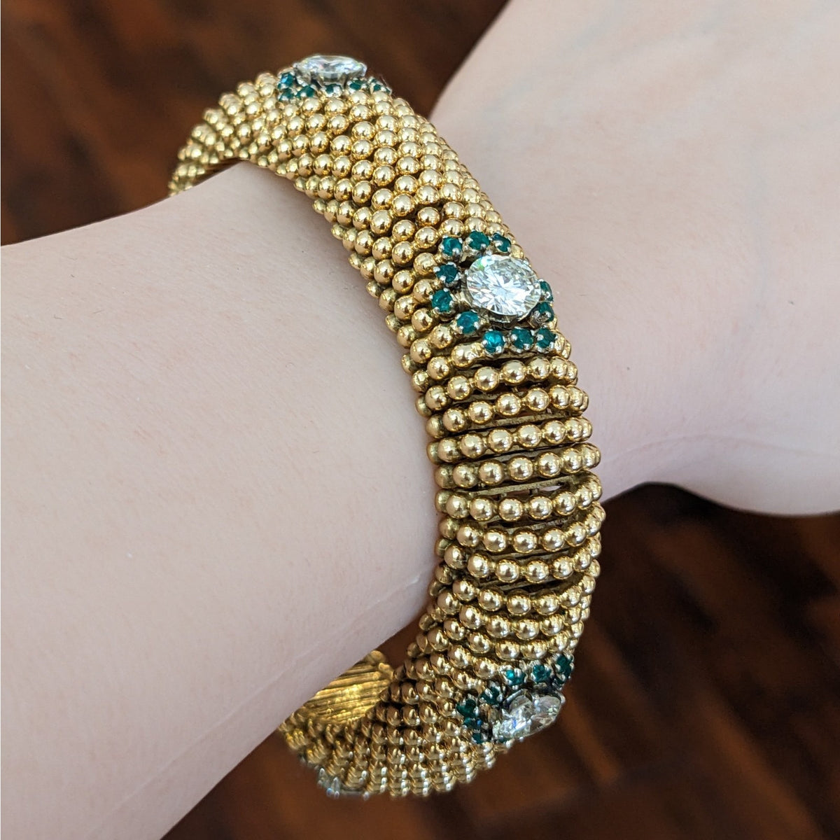 Vintage Diamond & Emerald Dome Beads Link Bracelet in 18k Yellow Gold