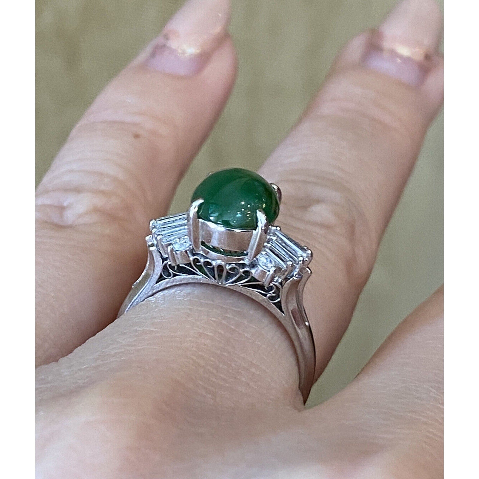 GIA Untreated Oval Jadeite Jade 2.79 carat and Diamond Ring in Platinum