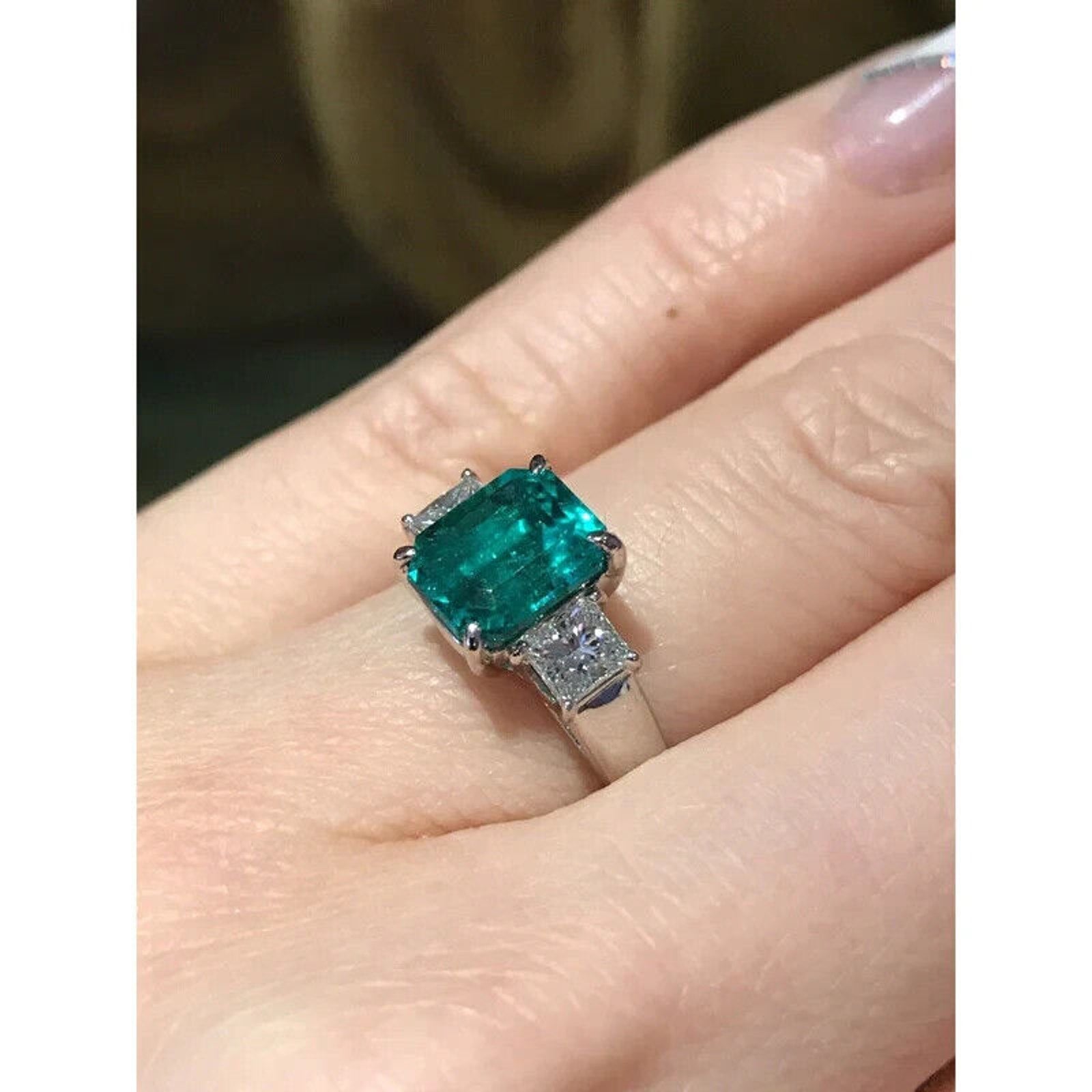 GIA Colombian Emerald and Diamond Three Stone Ring in Platinum
