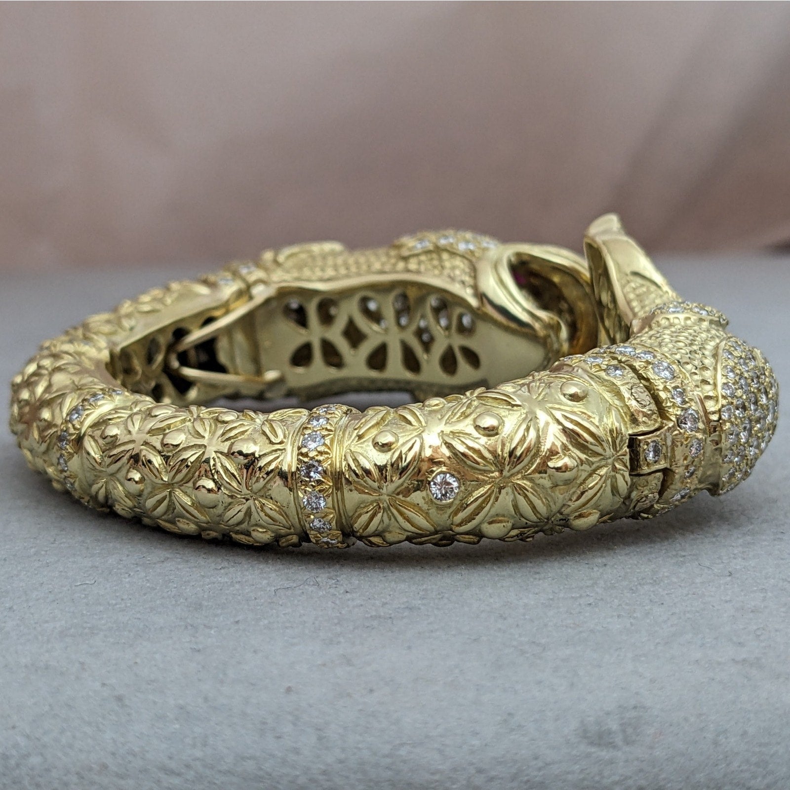 Heavy Diamond Hinged Fish Cuff Bracelet in Textured 18k Yellow Gold
