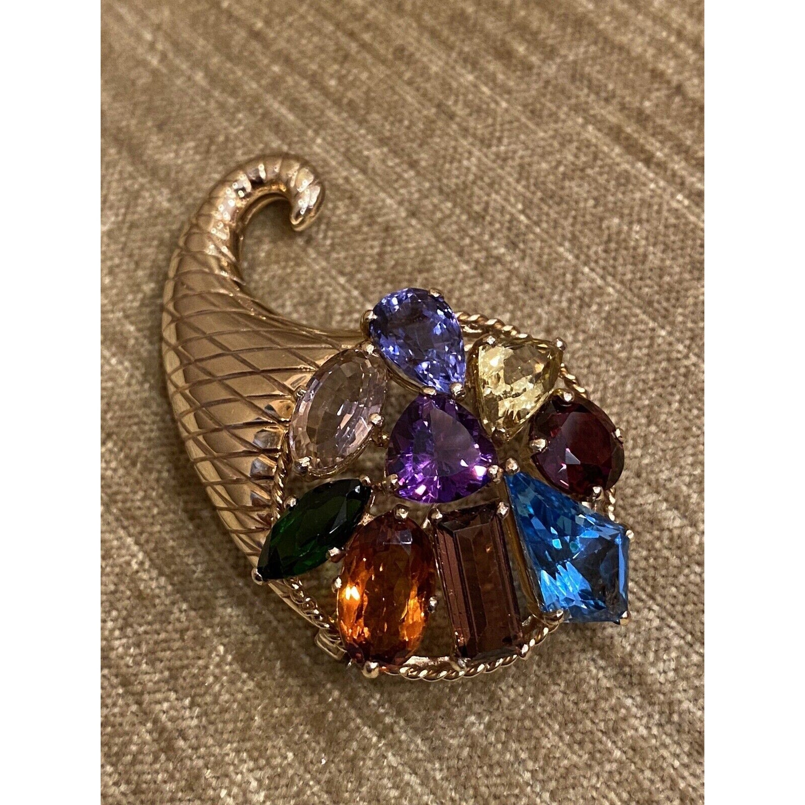 Large Vintage Multi-gem Horn of Plenty Brooch in 14k Yellow Gold