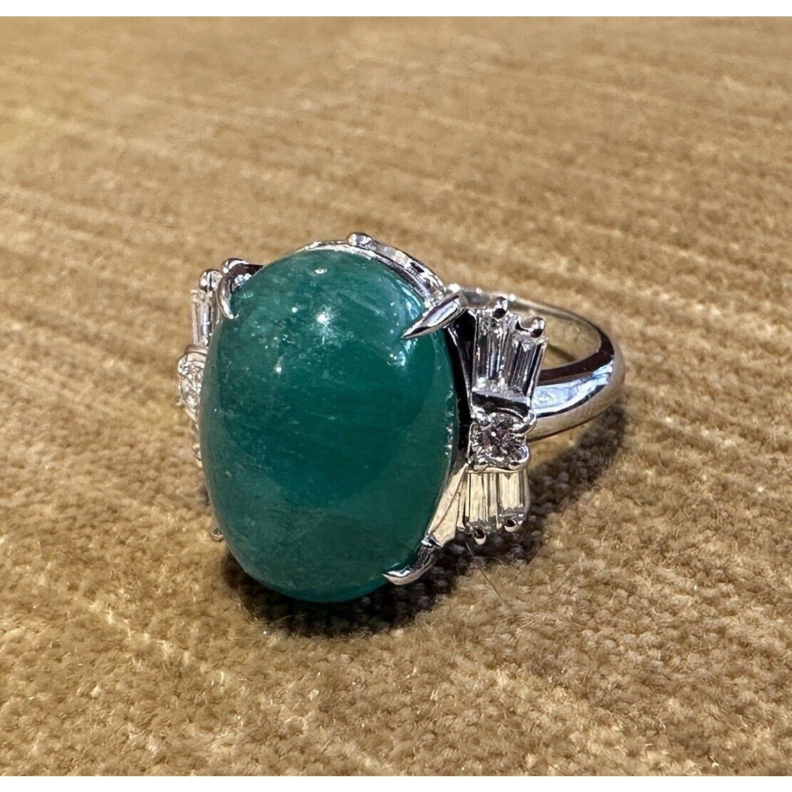 GIA Cabochon Emerald 9.42 ct and Diamond Ring in Platinum