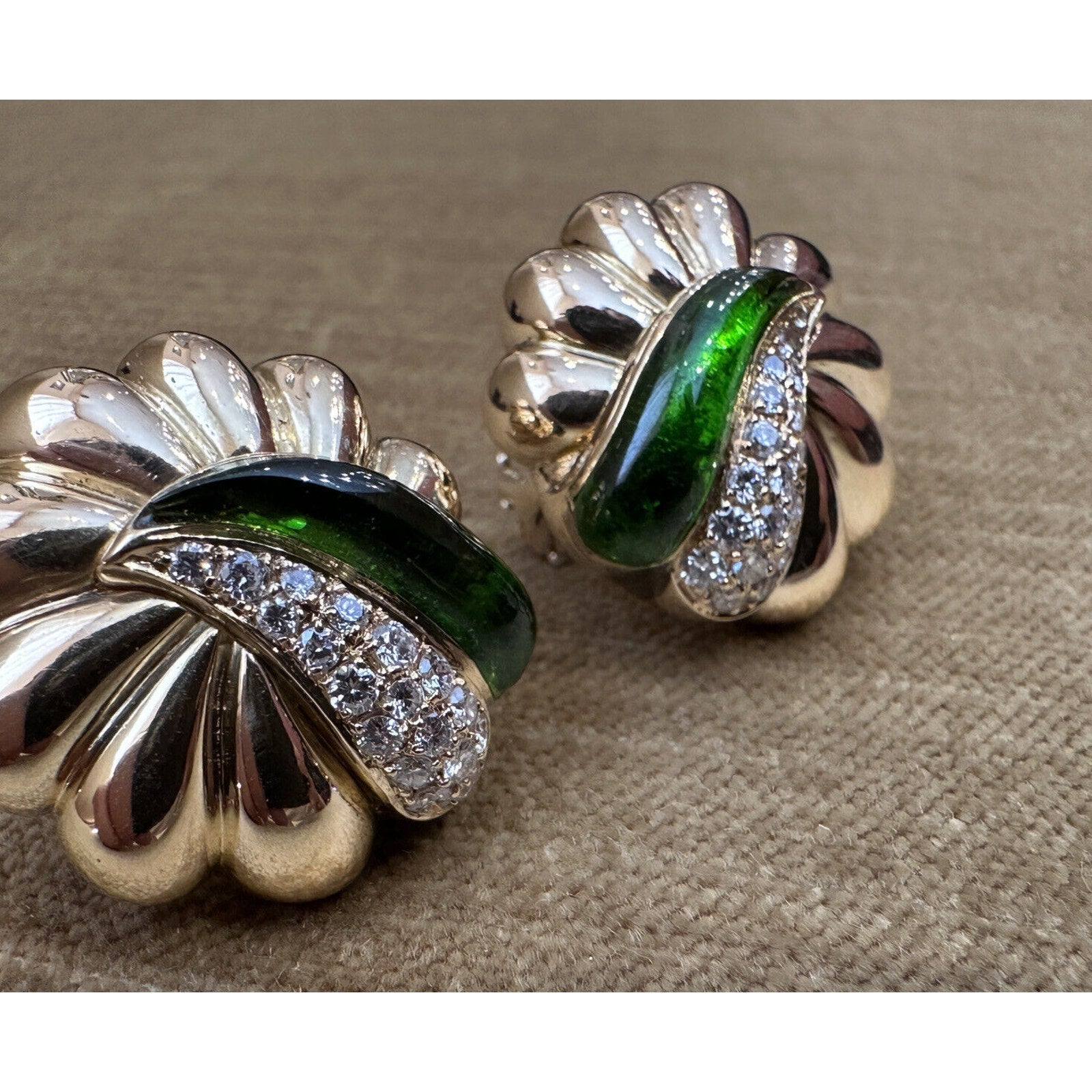 Green Enamel & Diamond Scallop Earrings in 18k Yellow Gold