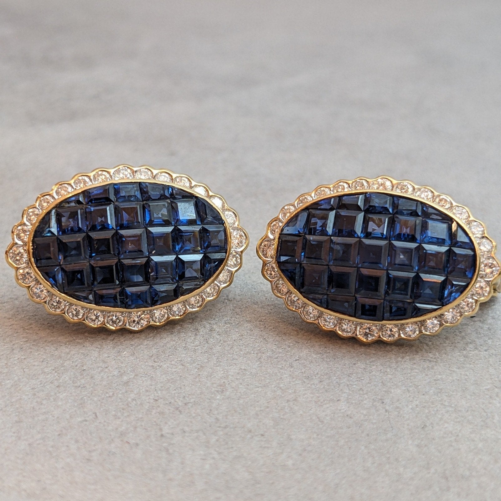 Mystery Invisible Set Sapphire and Diamond Earrings in 18k Yellow Gold