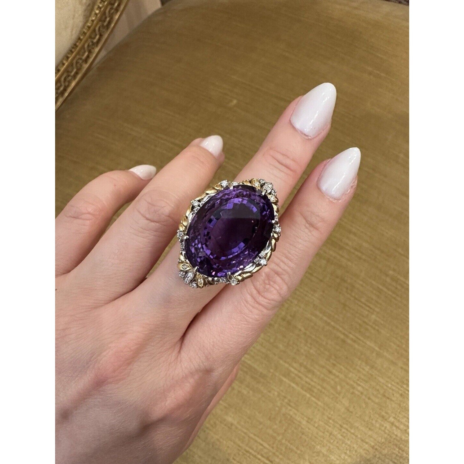 Large Oval Amethyst Ring 62.33 ct with Diamonds in Platinum and Gold