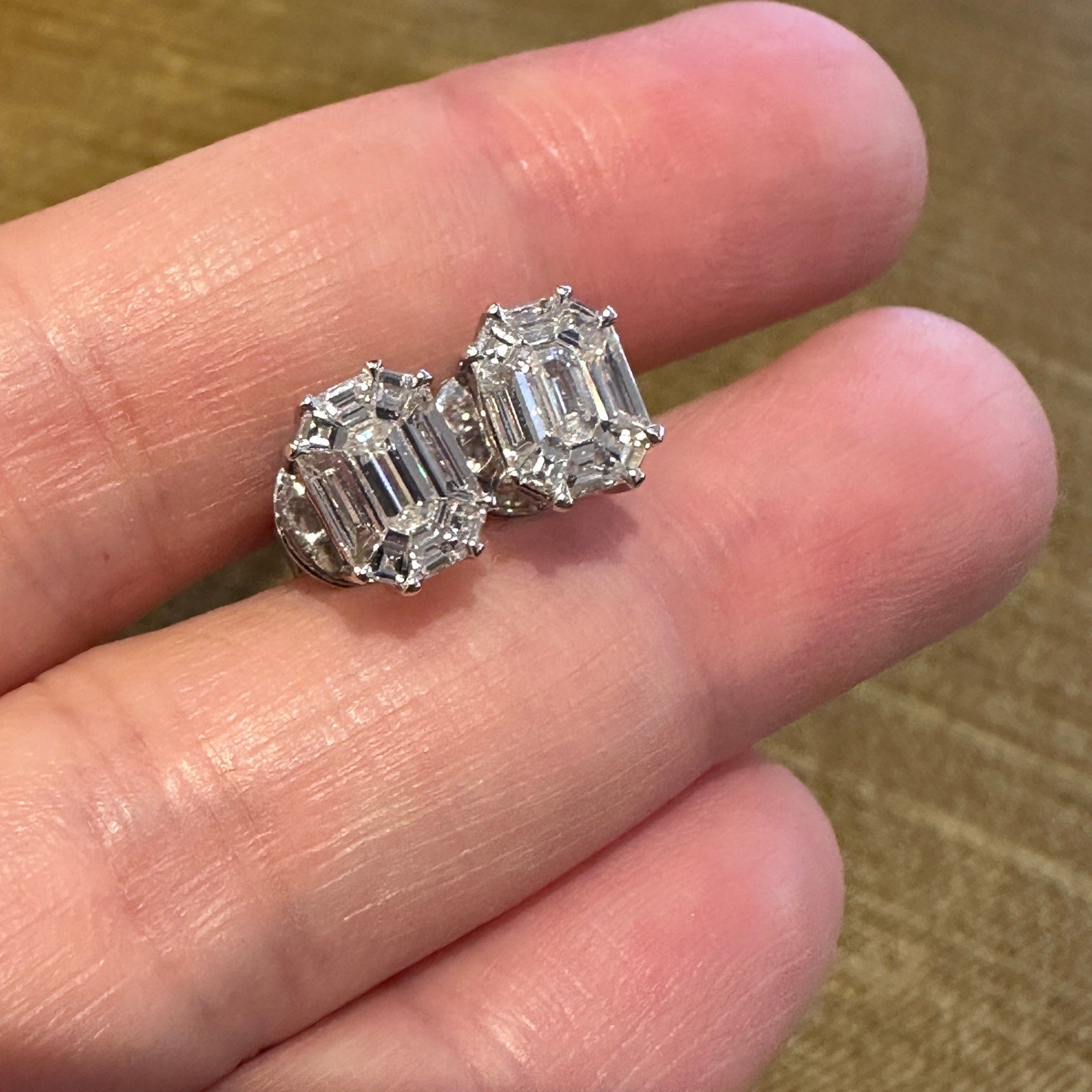 Illusion set Emerald Shape Diamond Stud Earrings in 18k White Gold - HM2624SS