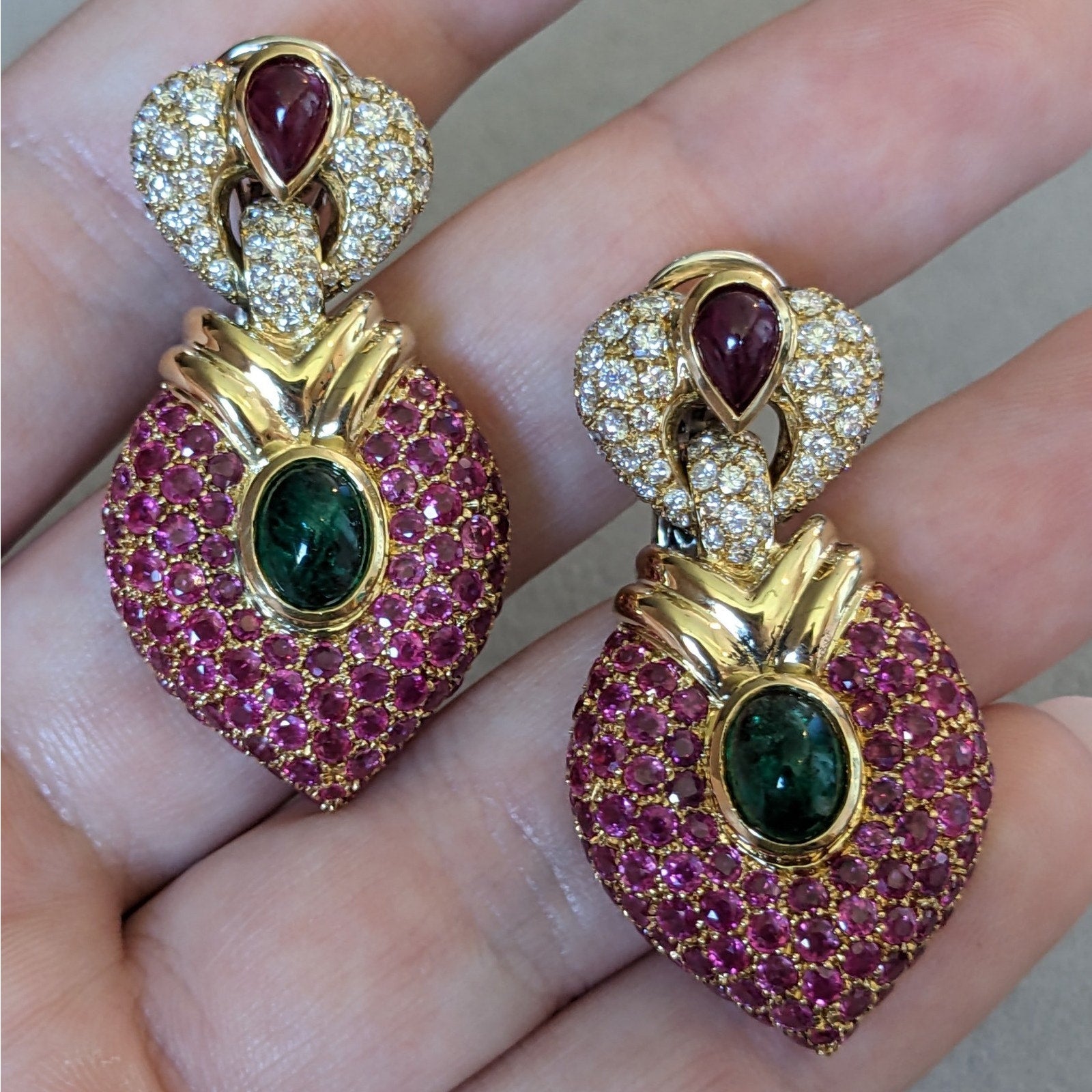 Pave Ruby and Diamond & Emerald Doorknocker Earrings in 18k Yellow Gold