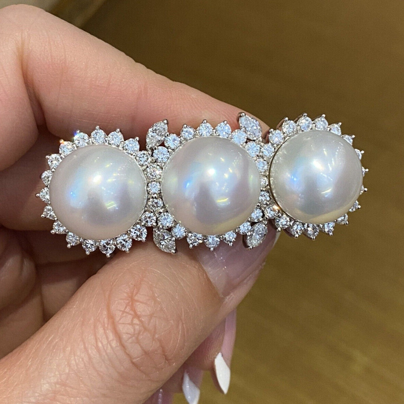 South Sea Pearl and Diamond Bar Brooch Pin in Platinum