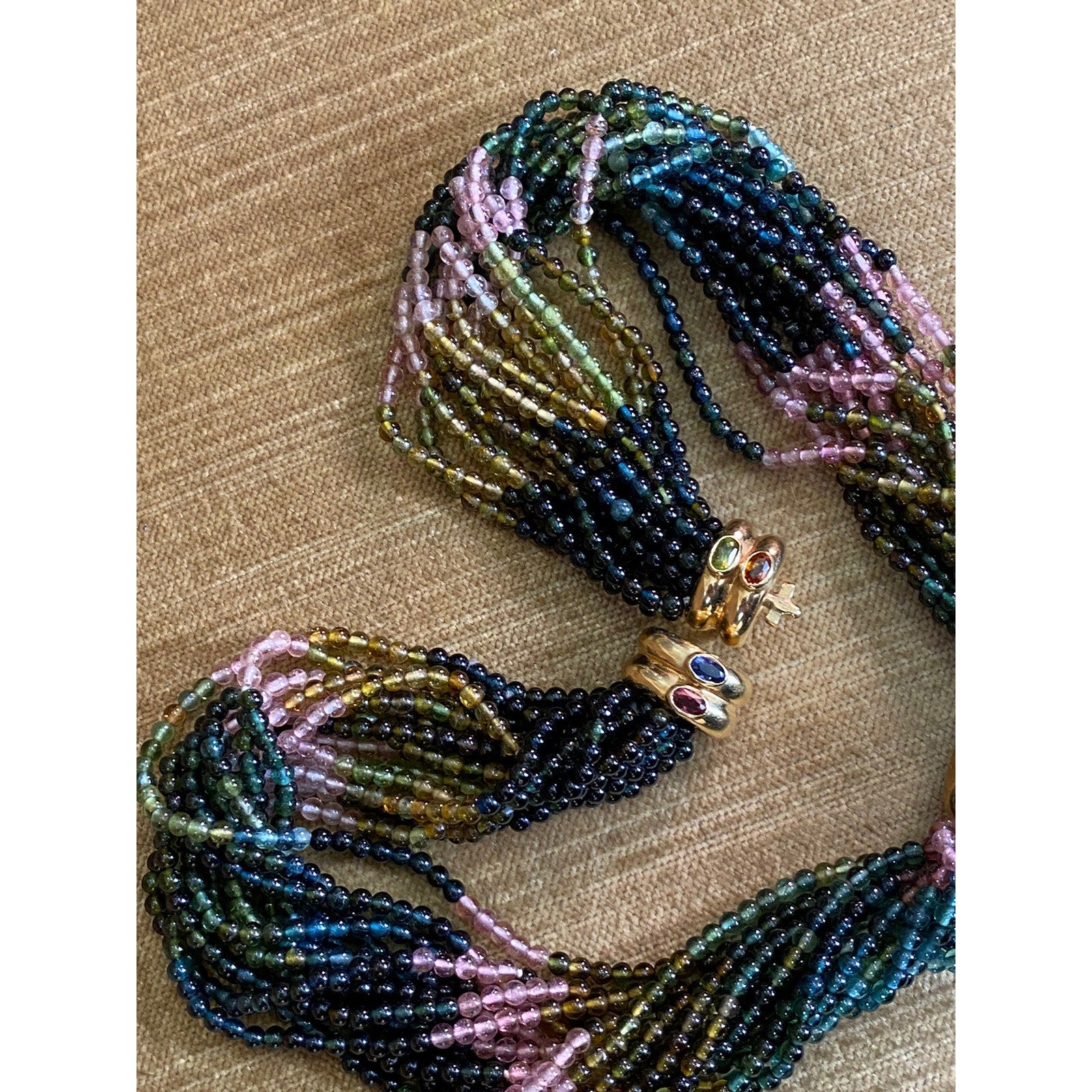 Multi-Strand Tourmaline Bead Necklace Detachable Tassel 18k Yellow Gold