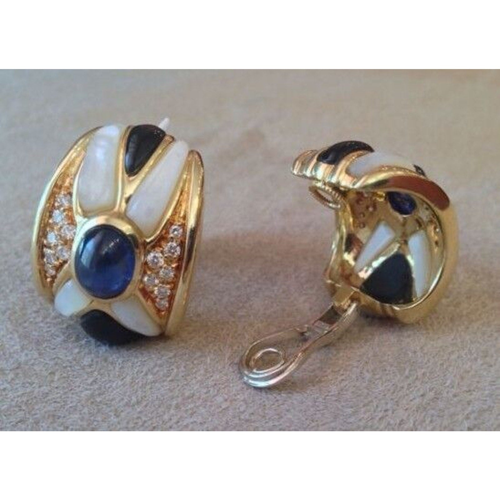Sapphire, Diamond and Onyx Half Hoop Earrings in 18K Yellow Gold