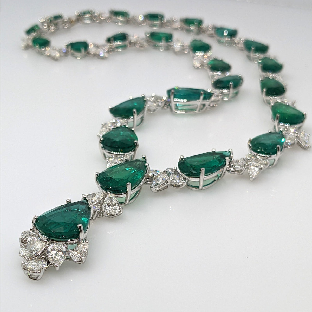 AGL Pear Emerald & Diamond Necklace Earrings Set in 18k White Gold