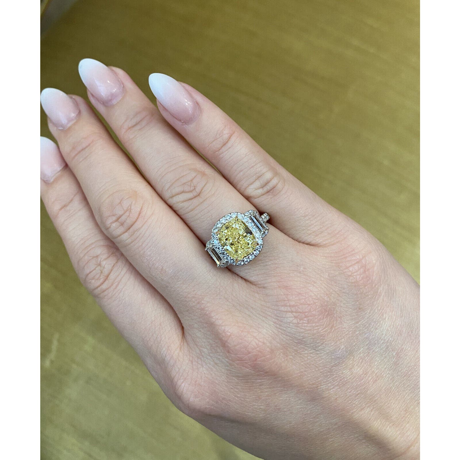 GIA 4.02 ct Fancy Yellow Cushion VS1 Diamond Ring in Plat & 18k Gold - HM2384BV