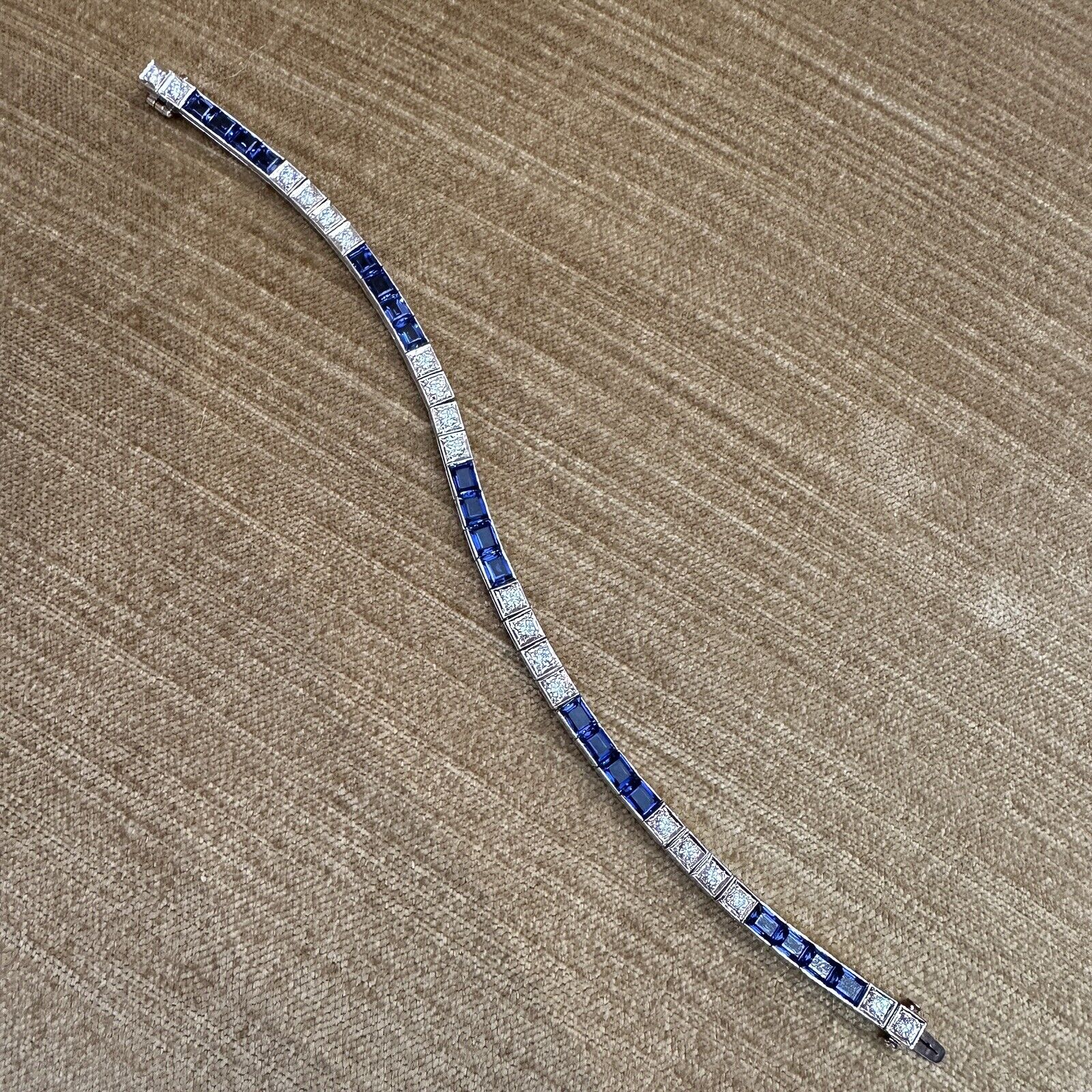 Vintage Diamond and Synthetic Sapphire Line Bracelet in 14k White Gold