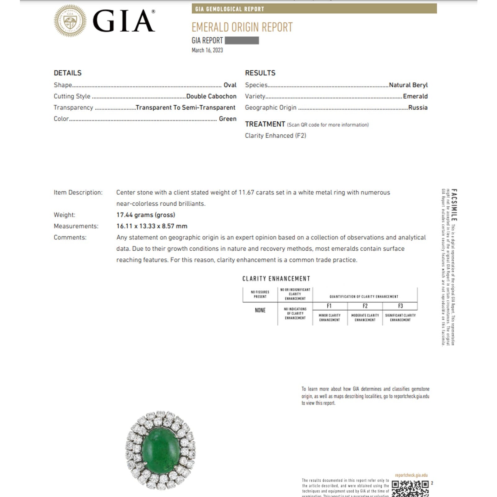 GIA 11.67 ct Natural Emerald Cabochon & Diamond Ring in 18k White Gold - HM2402