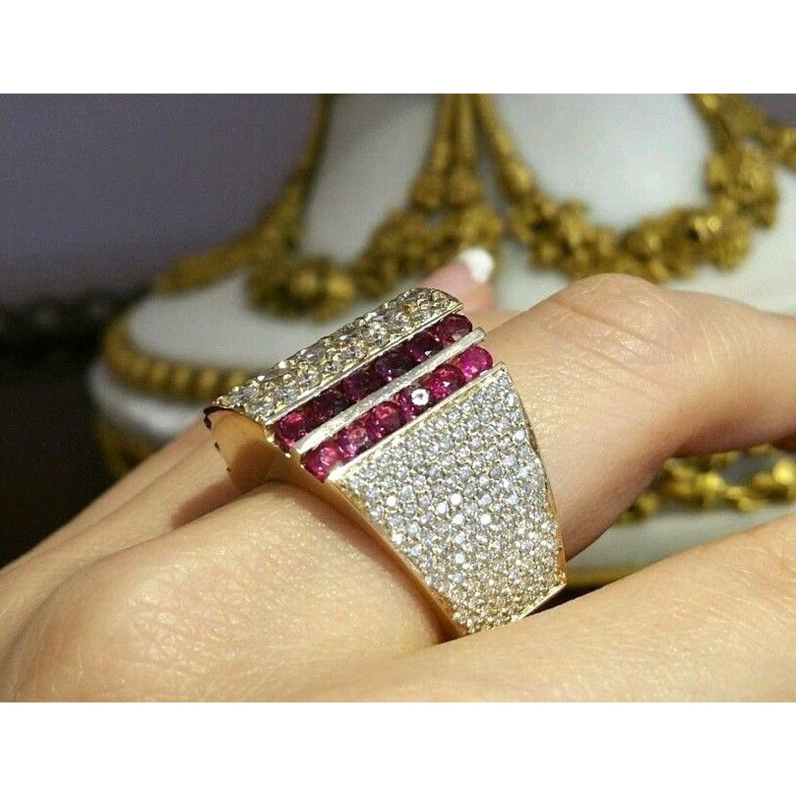 Jewels by Gauthier Wide Band Diamond and Ruby Ring in 14k Yellow Gold