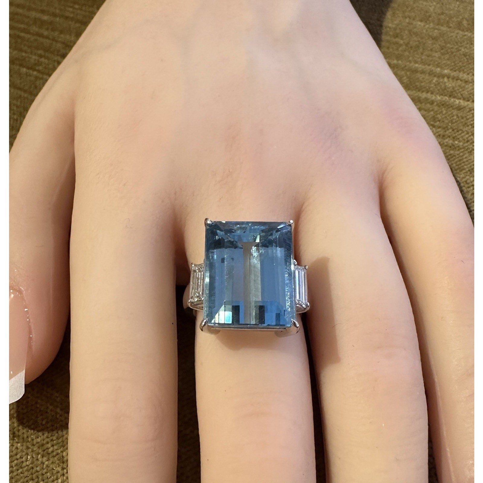 Natural 14.12 ct Aquamarine & Diamond Three Stone Ring in Platinum
