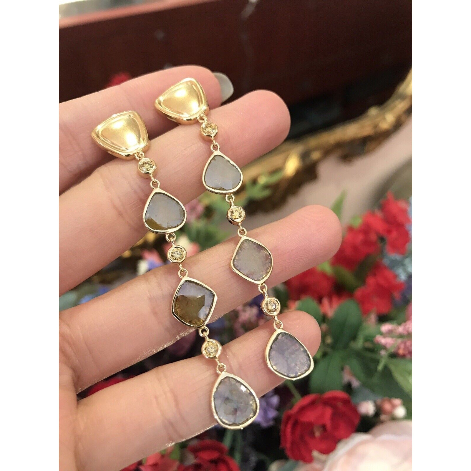 Sliced and Faceted Cognac Diamond Drop Earrings in 18k Yellow Gold