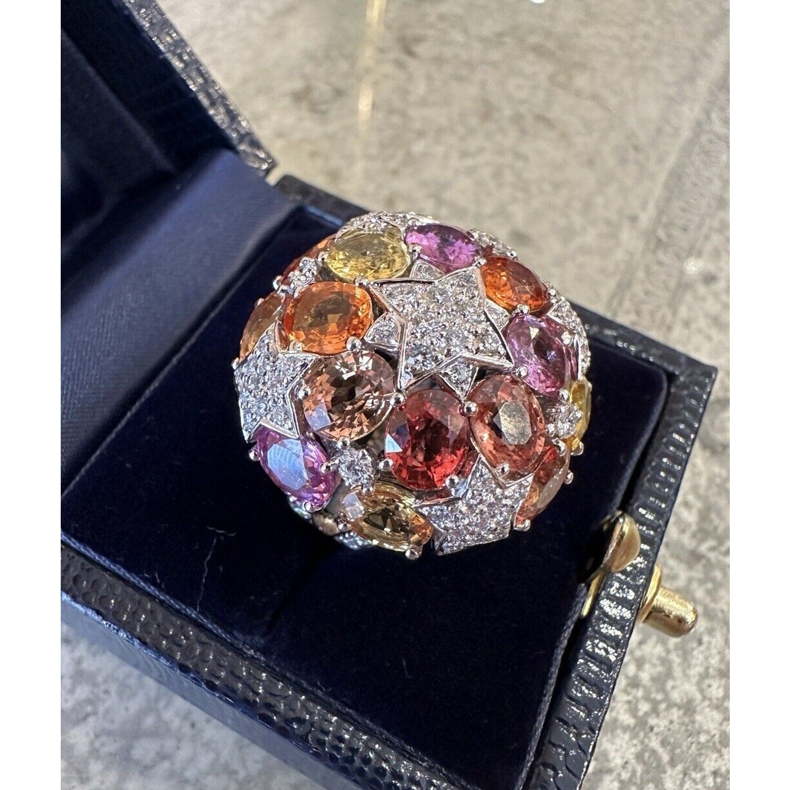 Multicolor Sapphire and Diamond Star Dome Ring in 18k White Gold