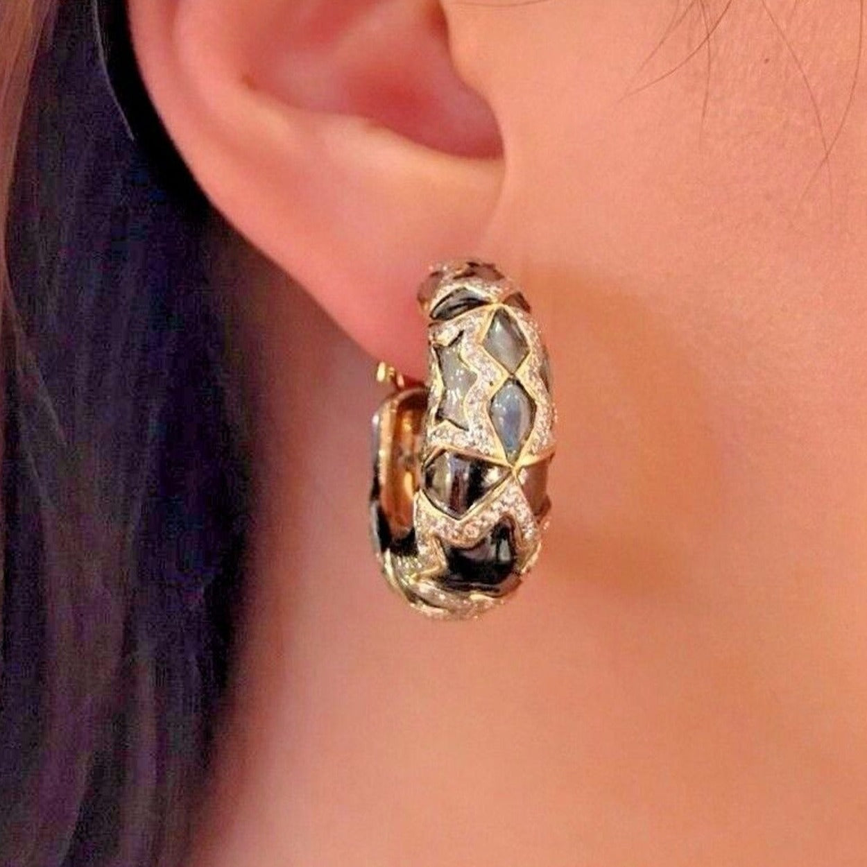 Diamond Star Hoop Earrings in 18k Yellow Gold w/Black Rhodium