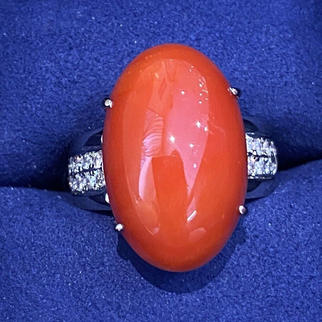 Large Oval Red Coral Cabochon & Diamond Cocktail Ring in Platinum