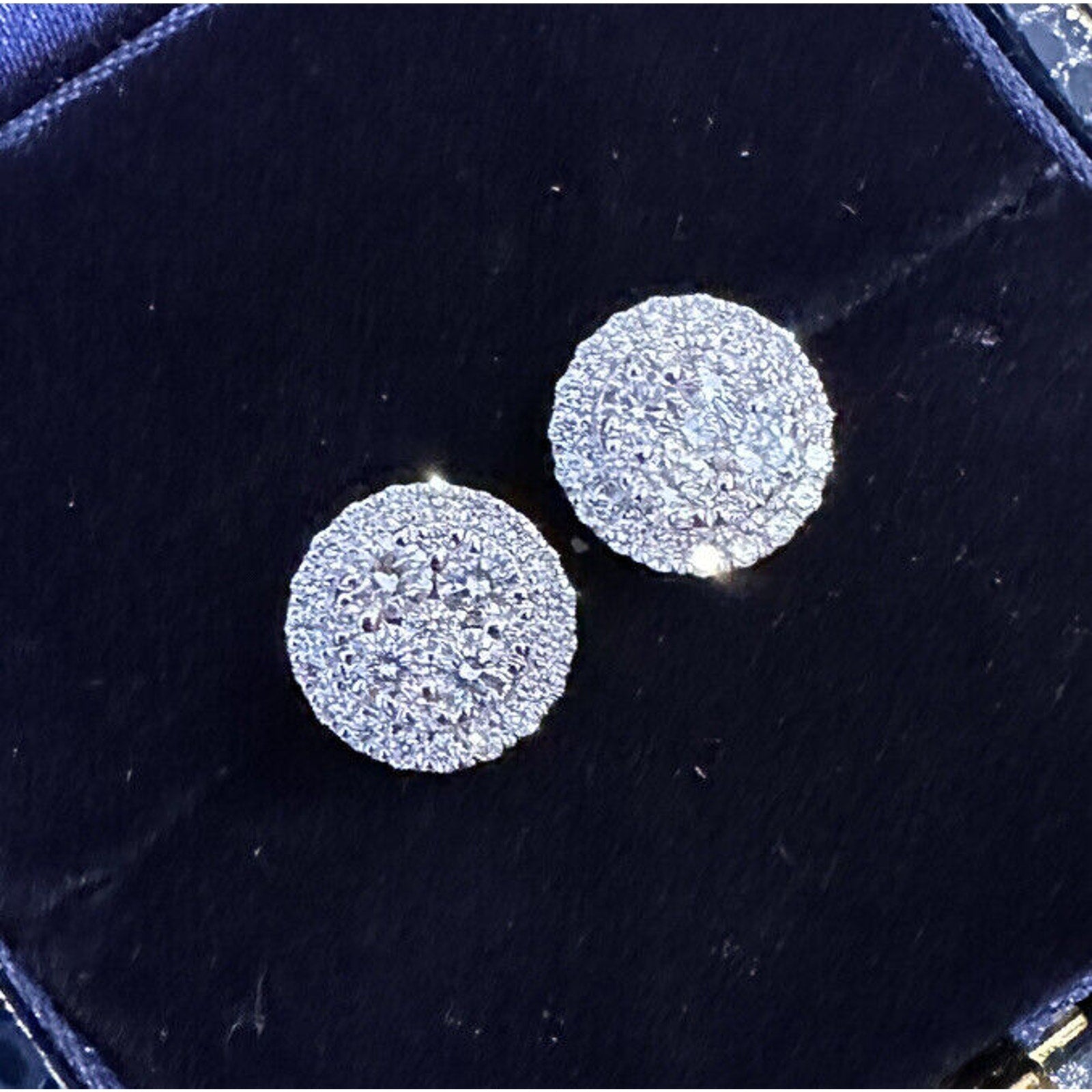 Round Diamond Cluster Stud Earrings .97 cttw in 18k White Gold