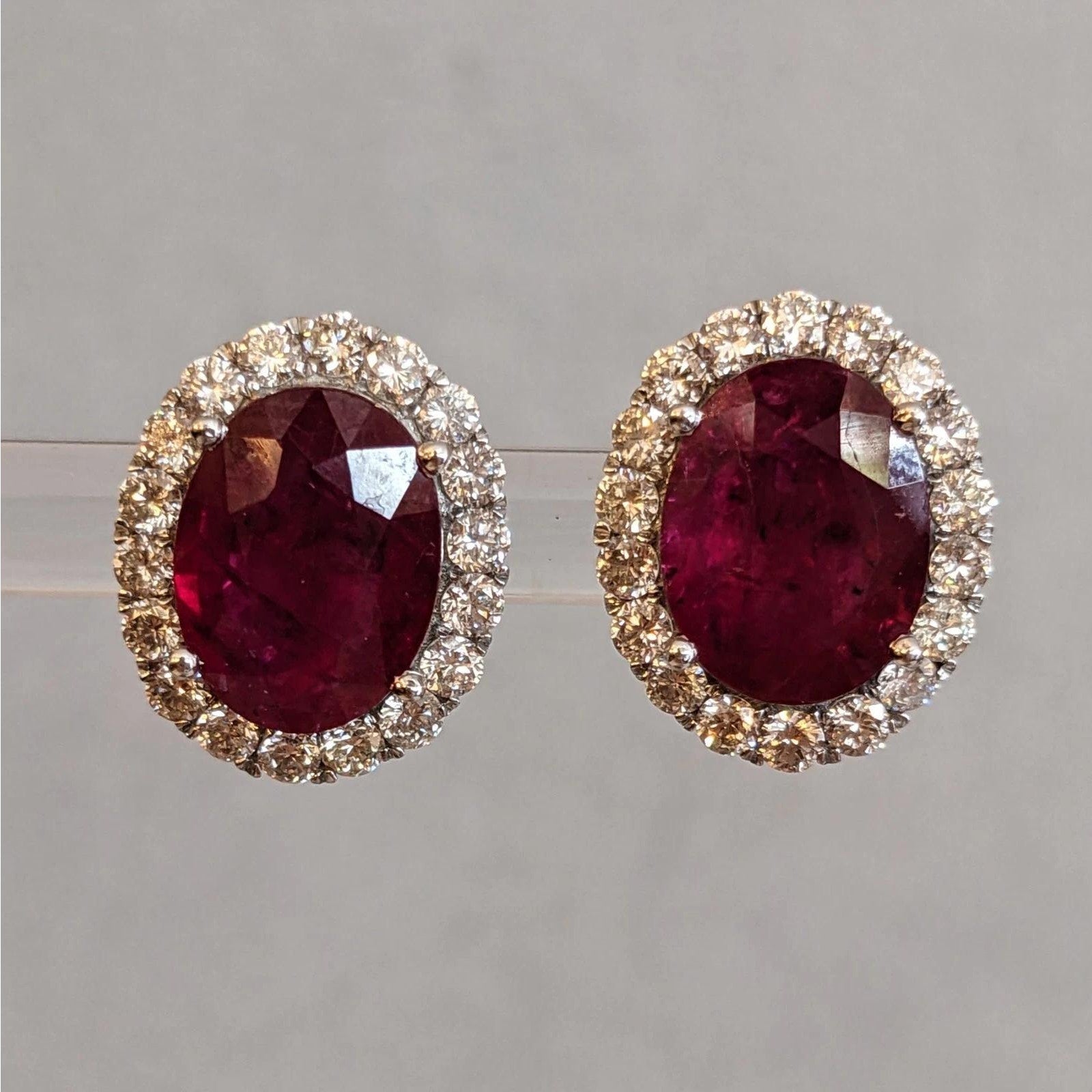 GIA Natural Oval Ruby Stud Earrings with Diamond Halo in 14k White Gold