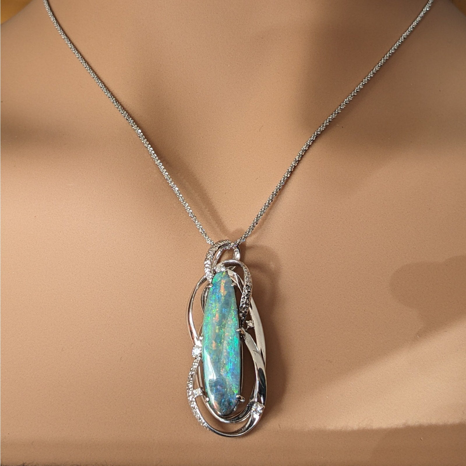 Boulder Opal and Diamond Pendant Necklace in Platinum & 18k White Gold