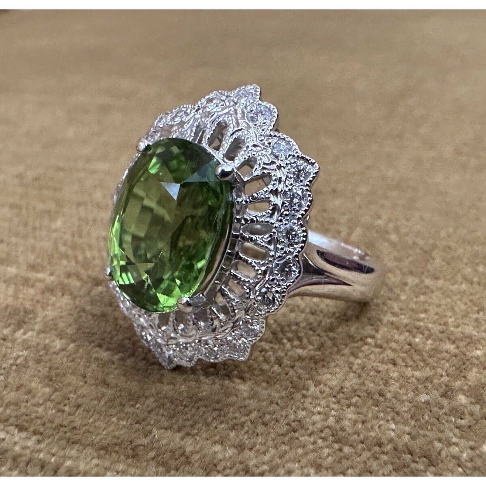 Oval Peridot 7.39 ct and Diamond Cocktail Ring in Platinum