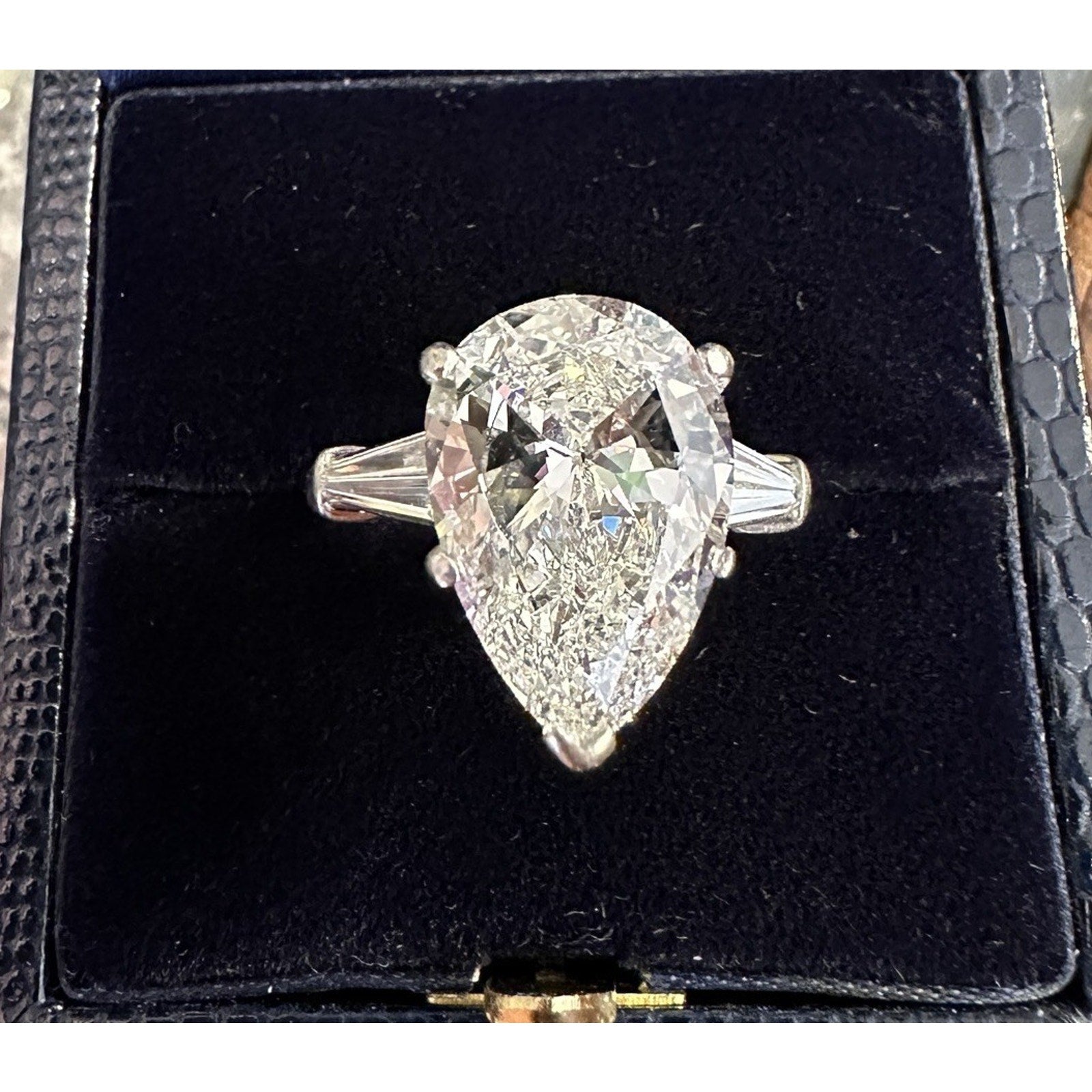 GIA 5.01 carat H-SI1 Pear Shape Diamond Three-Stone Ring in Platinum