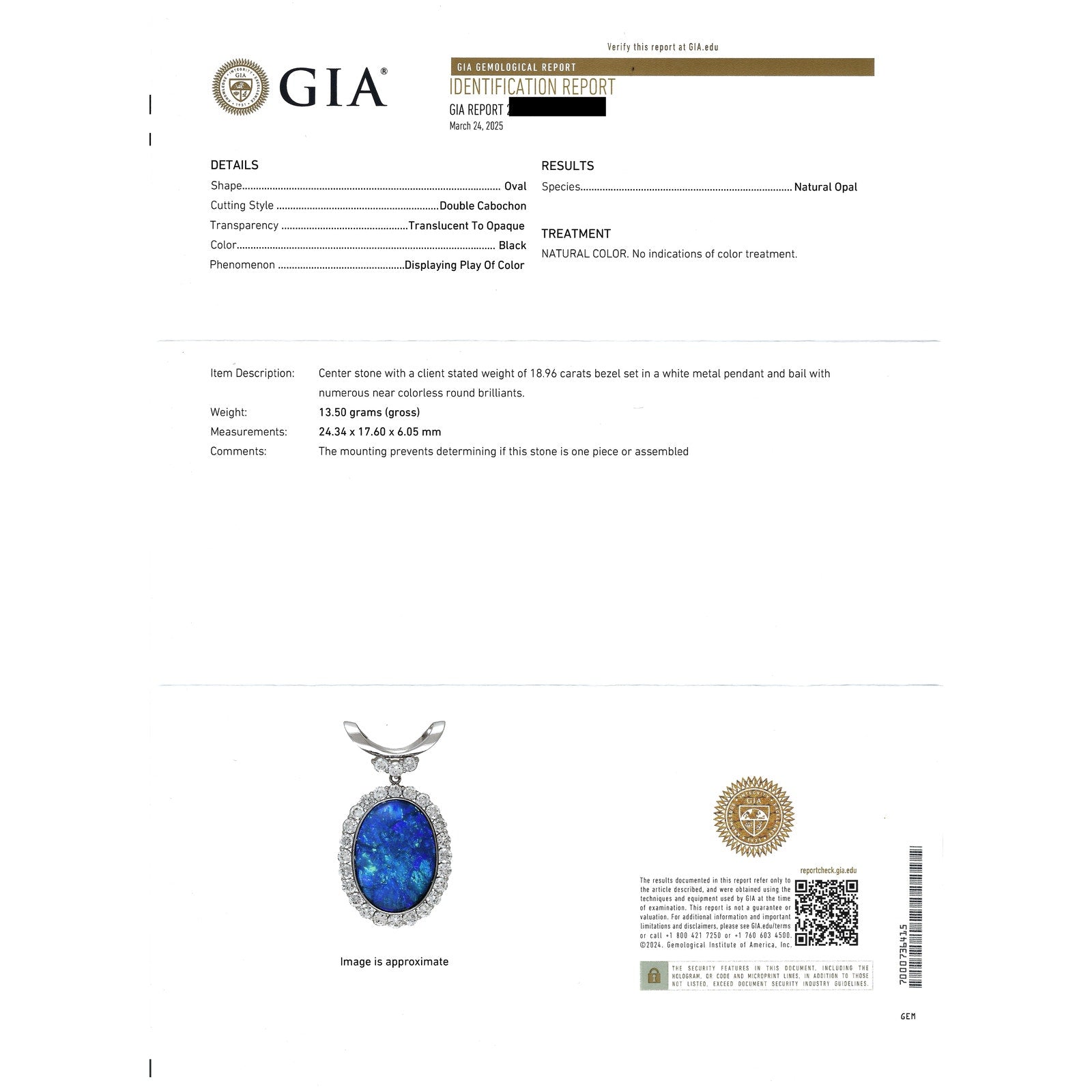 GIA Certified Black Opal and Diamond Pendant Necklace in Platinum/18k Gold
