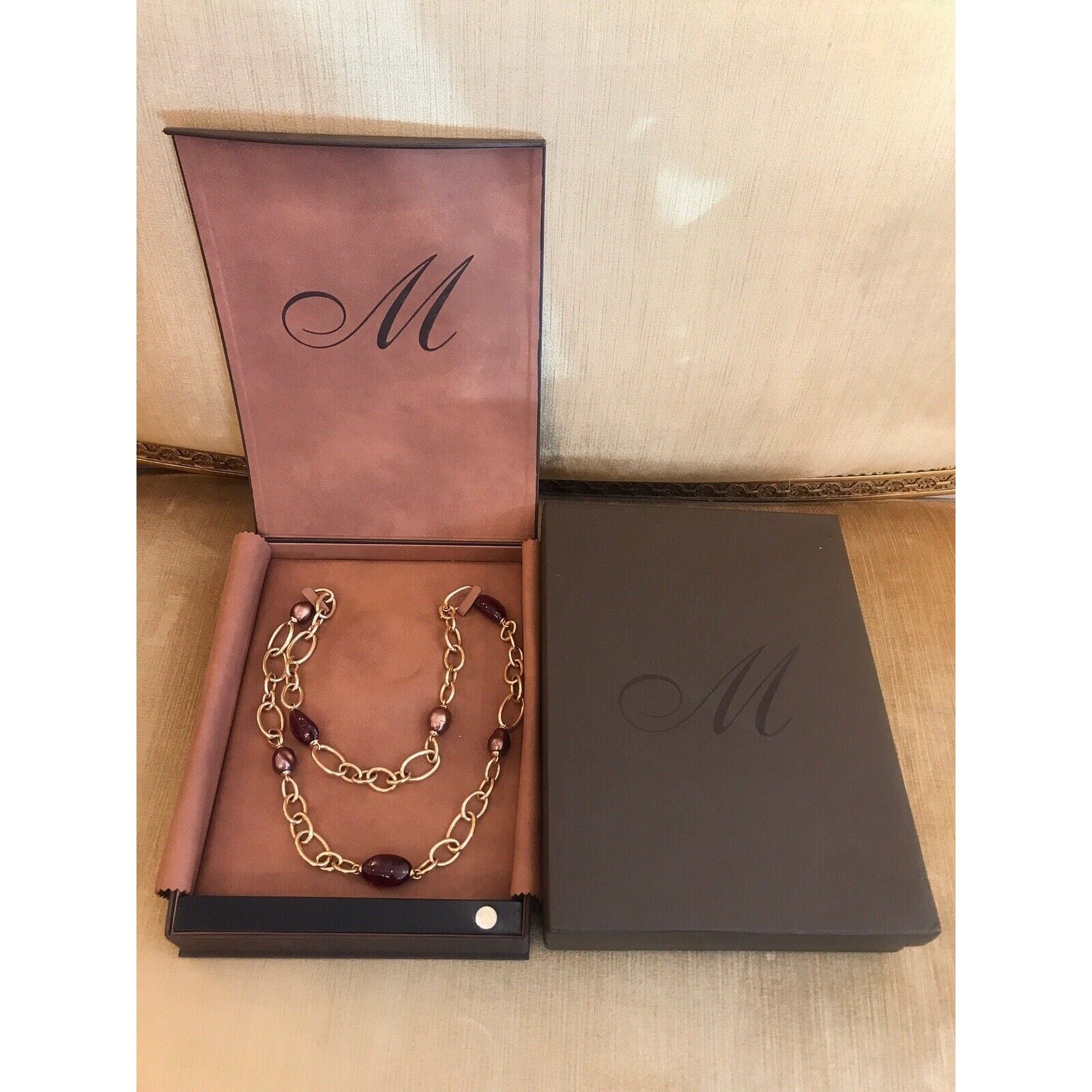 Margot Mckinney 18k RG Link Necklace with Pearls and Rubellites 38"