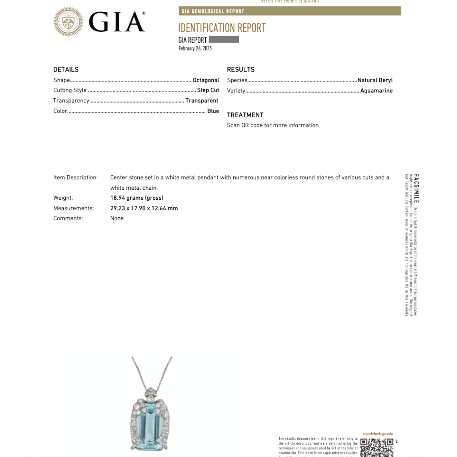 GIA 43 ct Aquamarine and Diamond Vintage Pendant Necklace in Platinum