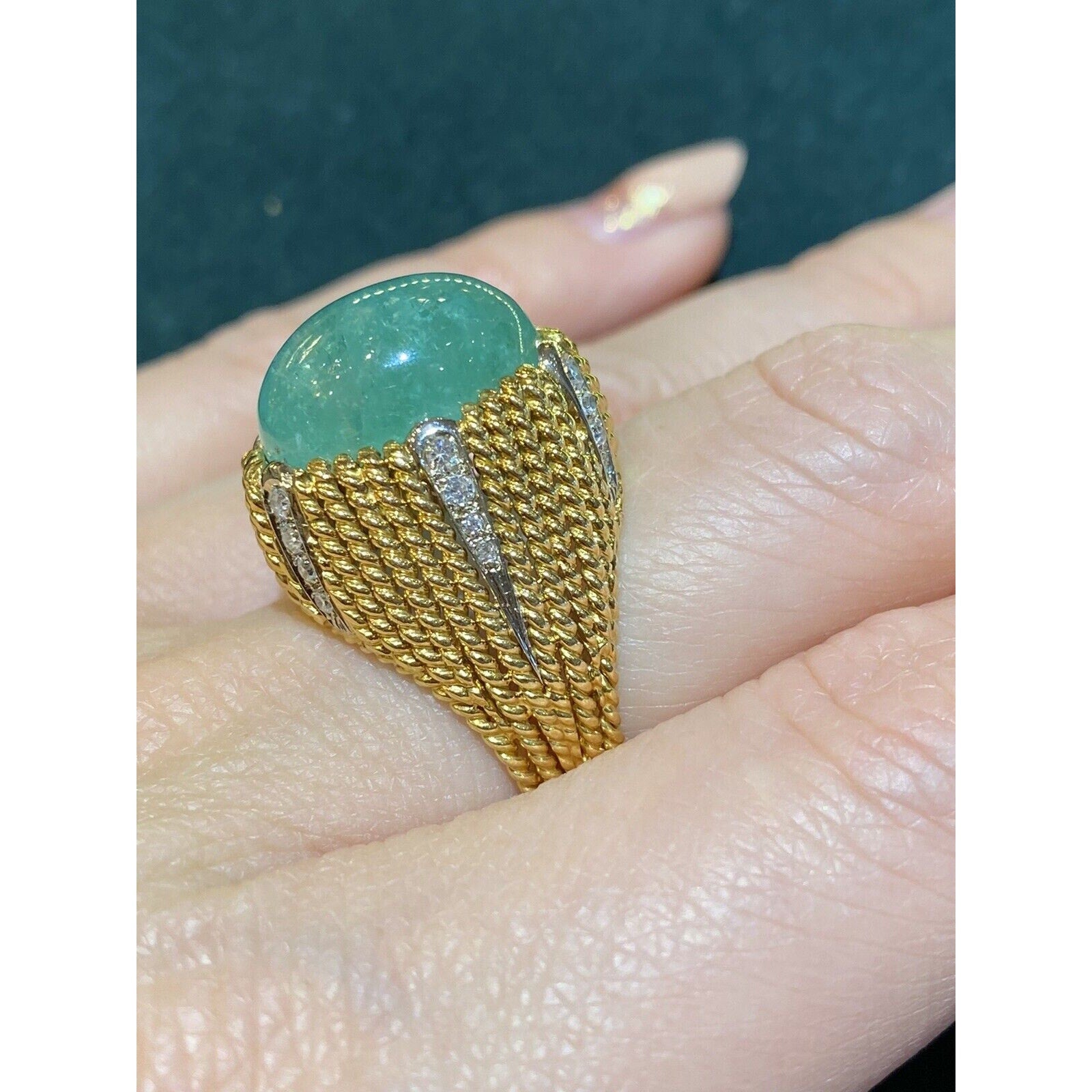 10 carat Emerald Cabochon & Diamond High Dome Cocktail Ring - HM2315AB