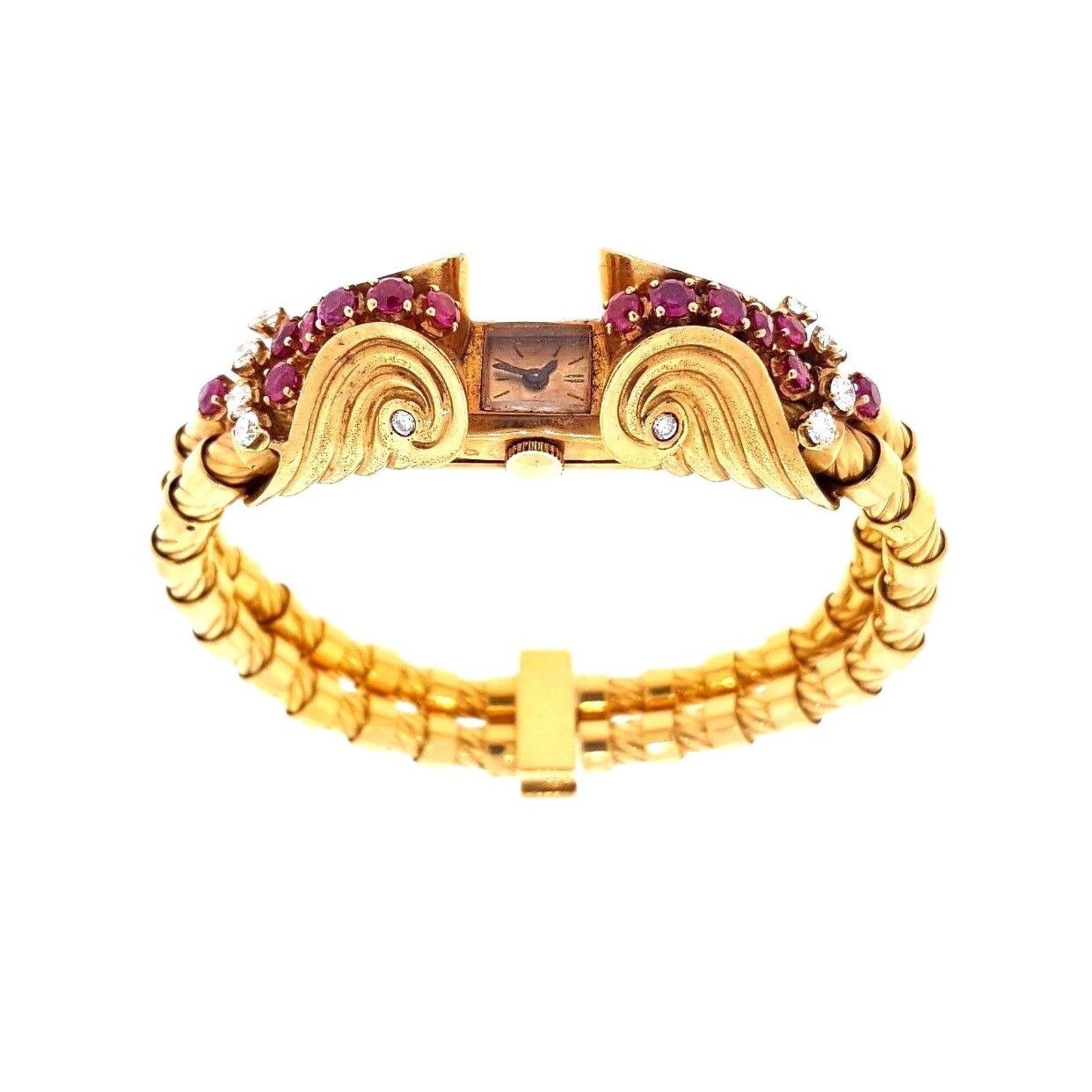 French Retro Ruby and Diamond Bracelet Watch in 18k Rose Gold