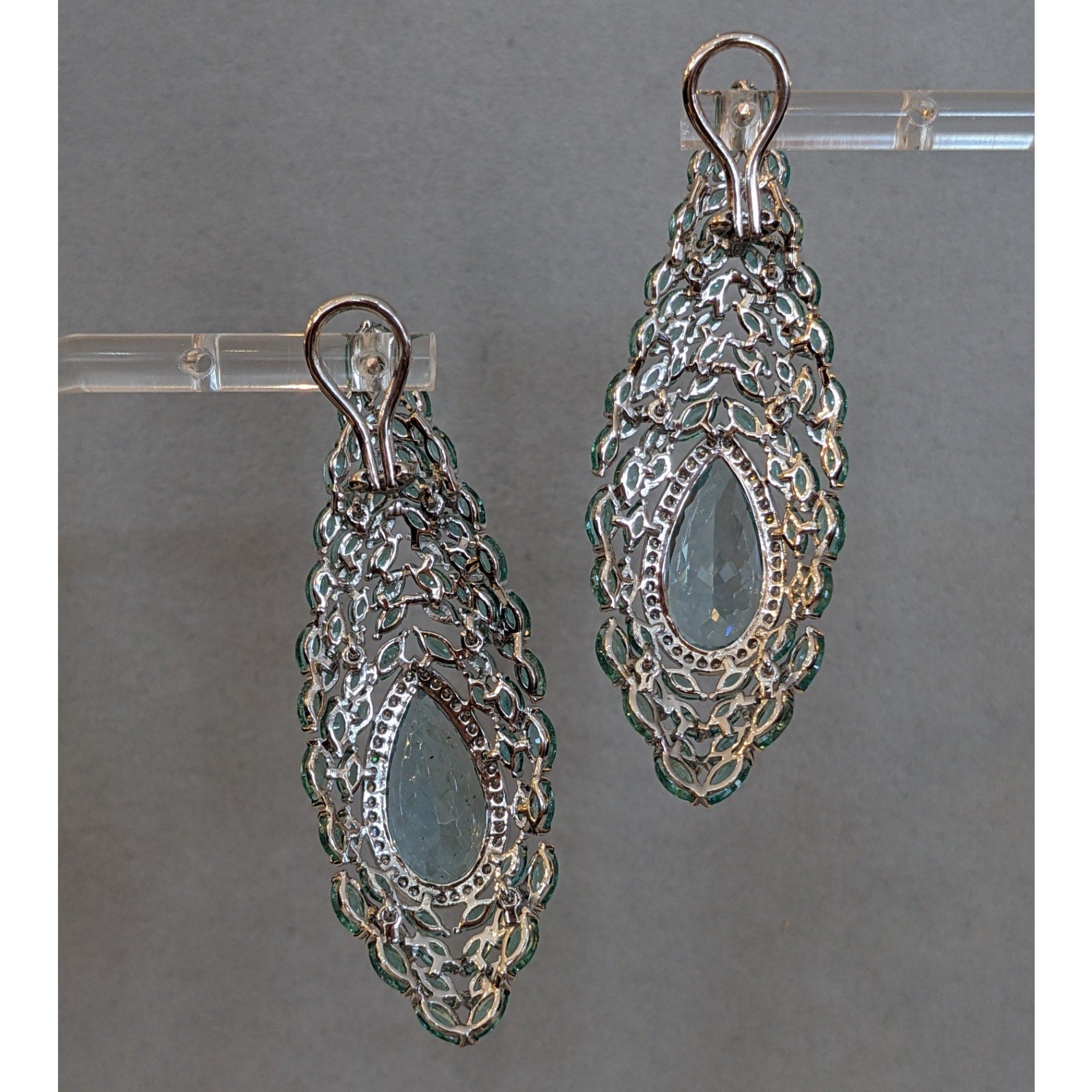 Aquamarine, Emerald and Diamond Peacock Earrings in 18k White Gold