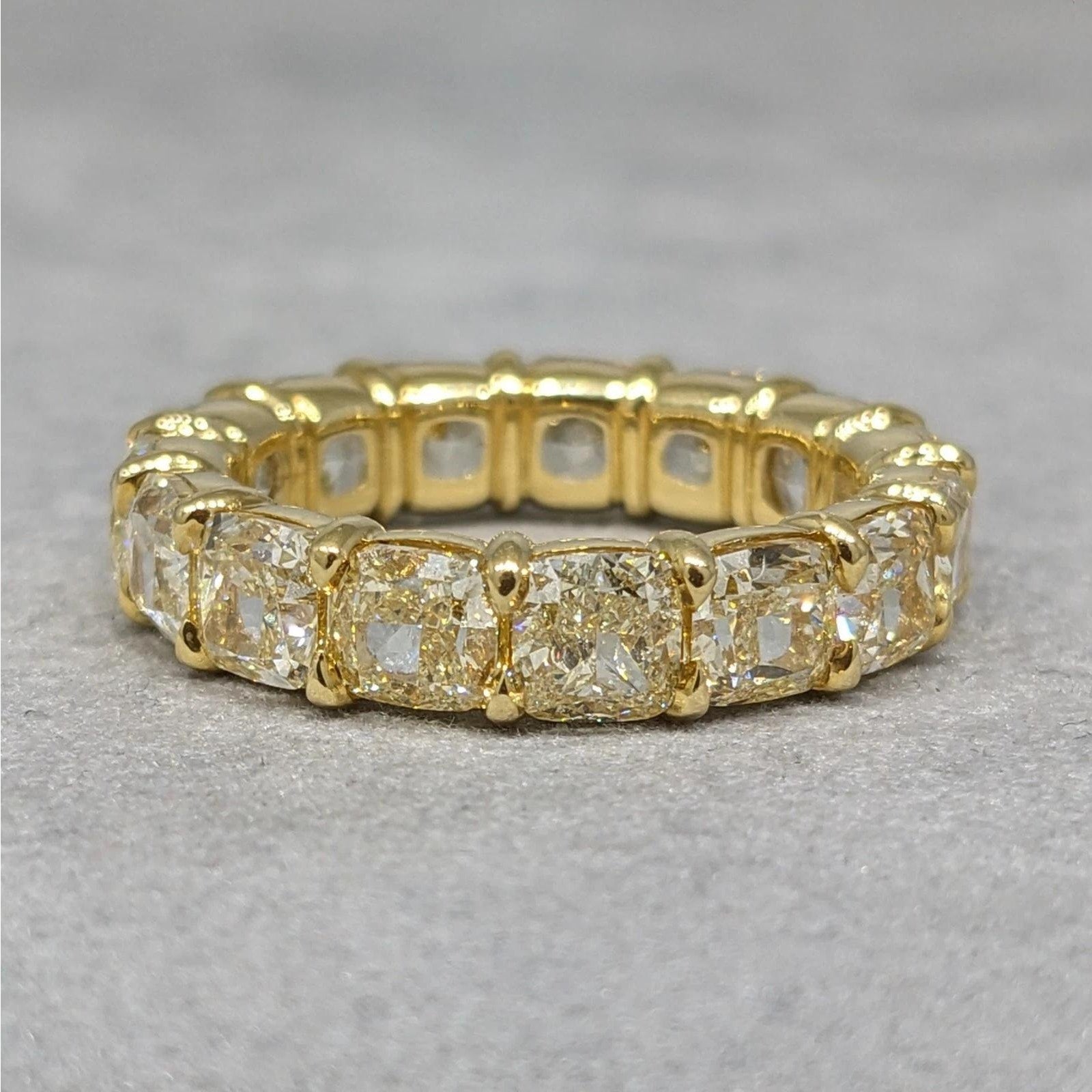 Light Yellow Cushion Diamond Eternity Ring 7.47cts in 18k Yellow Gold