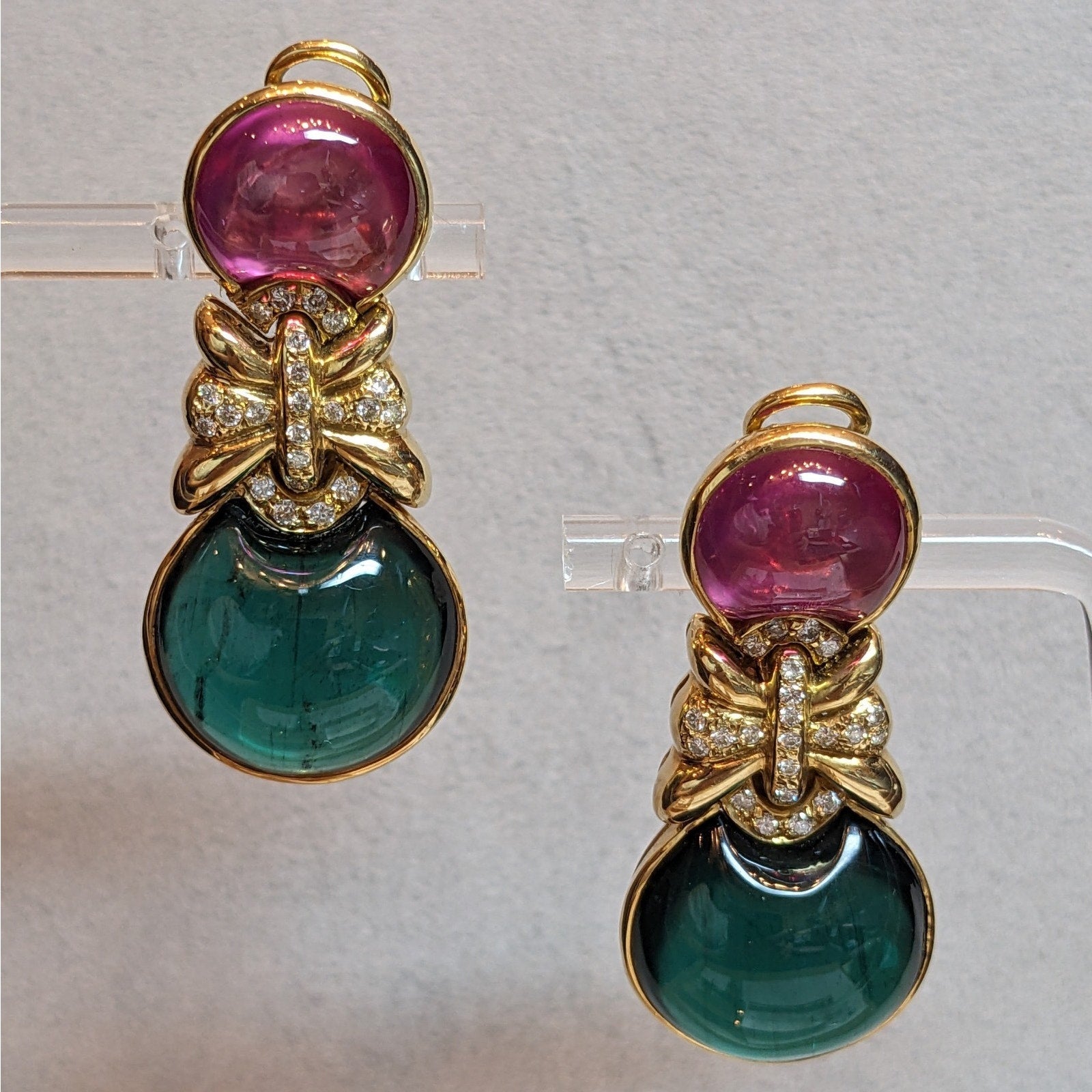 Pink Sapphire, Green Tourmaline & Diamond Drop Earrings in 18k Gold